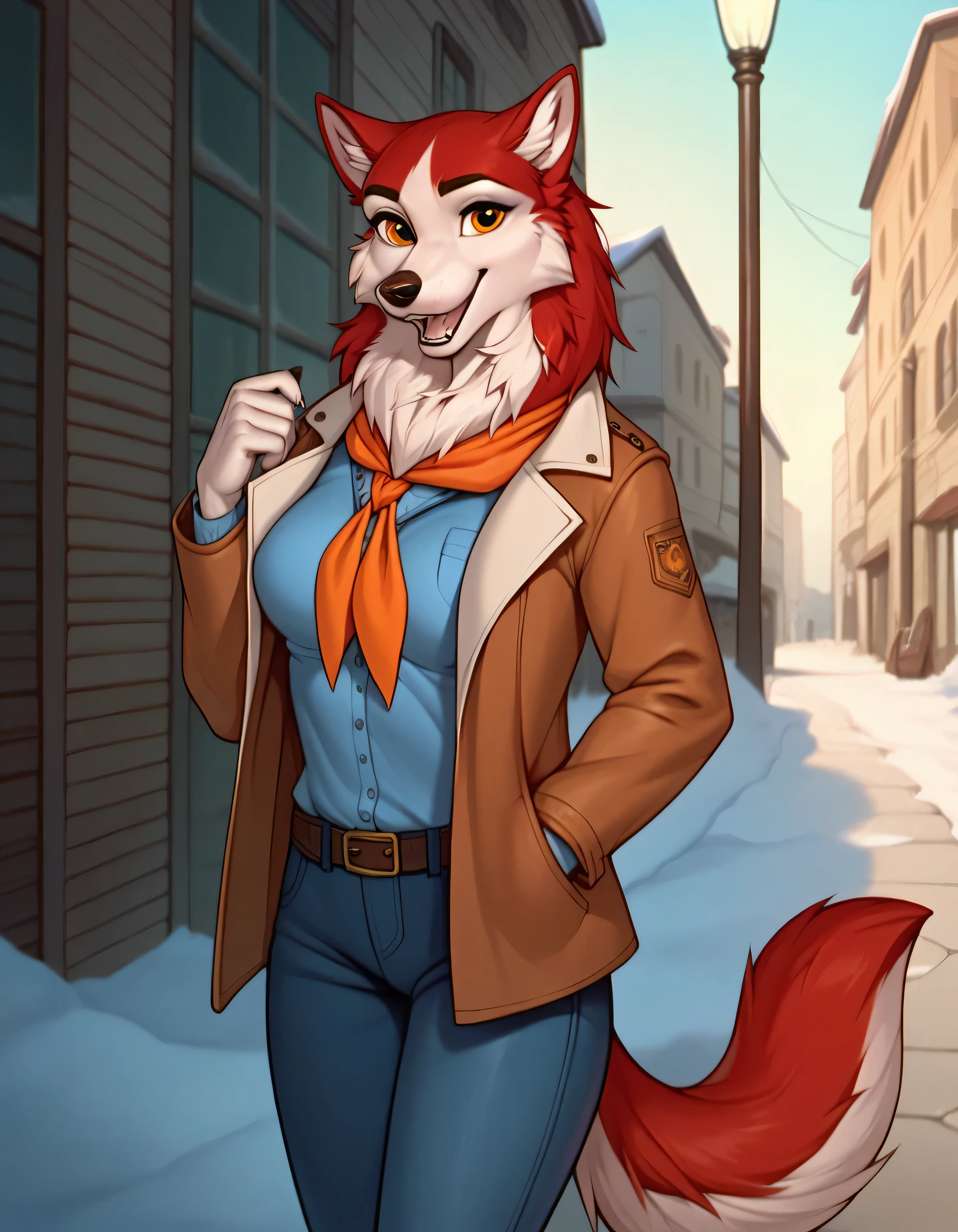 score_9, score_8_up, score_7_up, BREAK, 1girl, jenna\(balto\), solo, open mouth, smiling, amber eyes, neckerchief, two tone fur, red fur, looking at viewer, breasts, wearing, coat, pants, outside, furry female, anthro, tail, standing, furry, body fur, wolf, canine,