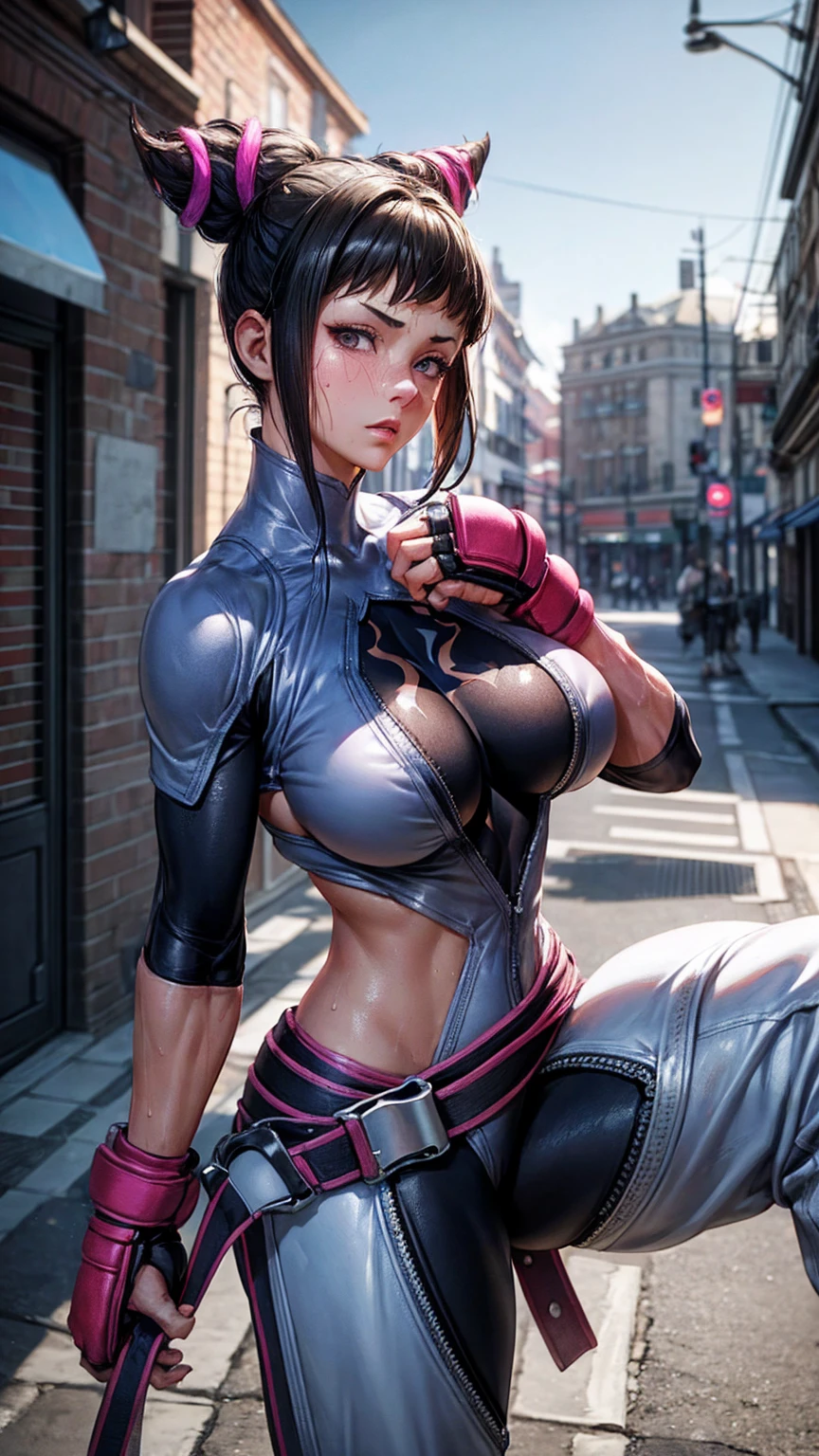 chun li,(masterpiece, best quality:1.4), (modern days), (cowboy shot), 1girl, solo, pov, sfw, stunning girlfriend, (standing:1.1), dynamic pose, (white oversized sweater, knit sweater:1.4), (Tight yoga pants, dark gray yoga pants: 1.4), (navy short jacket, spider clothes, denim jacket: 1.4), long blonde hair, bangs, heart-shaped face, elegant face, beautiful face, high detail face, high detail skin, skin pores, subsurface scattering, (blue eye details), realistic pupils, plump breasts, loving smile, looking at the audience, full blush, plump lips, holding a coffee cup, centered, coffee shop in background, city street, sunny day, wind, detailed background, depth of field, atmospheric perspective, volumetric lighting, clear focus, absurd, realistic proportions, good anatomy, (realistic, hyper-realistic:1.4), 16k HDR,
