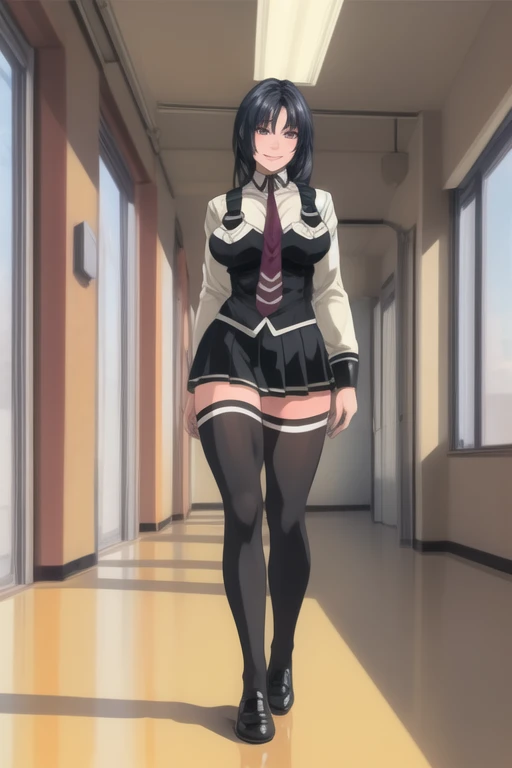 ( HIGH QUALITY:1.2), intrincado detallado, arte digital,
cozononams, 1 girl,  Alone, walking,  Full body ,
 Looking at the viewer, smile,
ojos amarillos,  long hair,  black hair, collect,   hair tie  ,
(school uniform:1.2), camisa blanca, (vest, suspenders:1.2), mini skirt, red tie,  thigh-high black stockings,  Shoes,
 curvilinear ,  big breasts,
school, day, Interiors,
