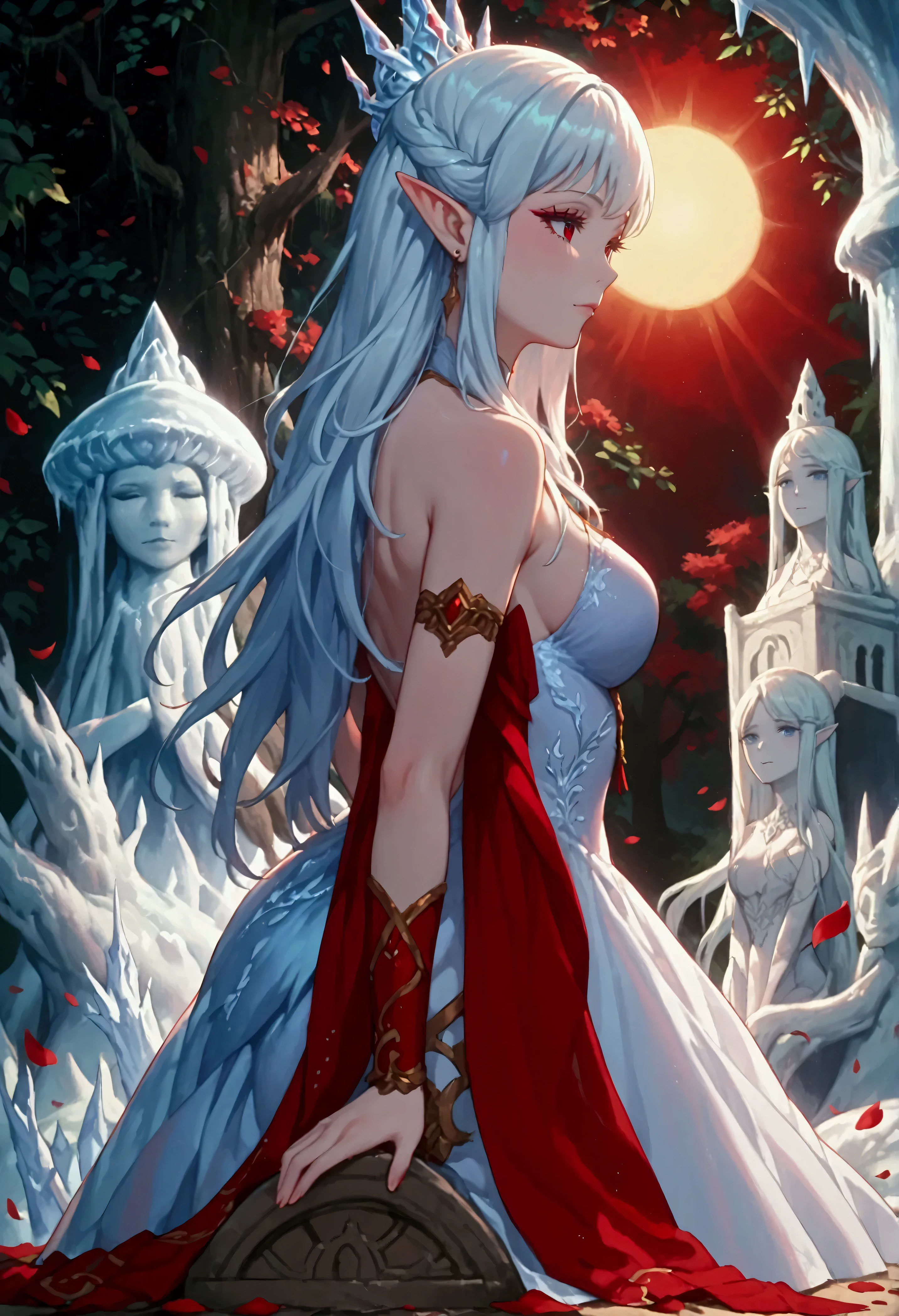 score_9, score_8_up, score_7_up, score_6_up, score_5_up, score_4_up, anime comic illustration fantasy art, (red petals: 1.3) falling from the sky on an ice statue of an a beautiful female elf ((made from ice: 1.5)) standing in forest, cloud of red petals swirling around the ice statue, full body statue made from ice, beautiful elf, long icy hair strands, wearing icy dress, epic flowing (red petals: 1.3), swirling rose petals, fantasy forest background, it is dawn the sun rays reflect on the ice statue, sun rays hit the rose petals, ((high contrast: 1.5), [[anatomically correct]], high details, best quality, 8k, [ultra detailed], masterpiece, best quality, (extremely detailed), dynamic angle, intricate details, FAIstyle