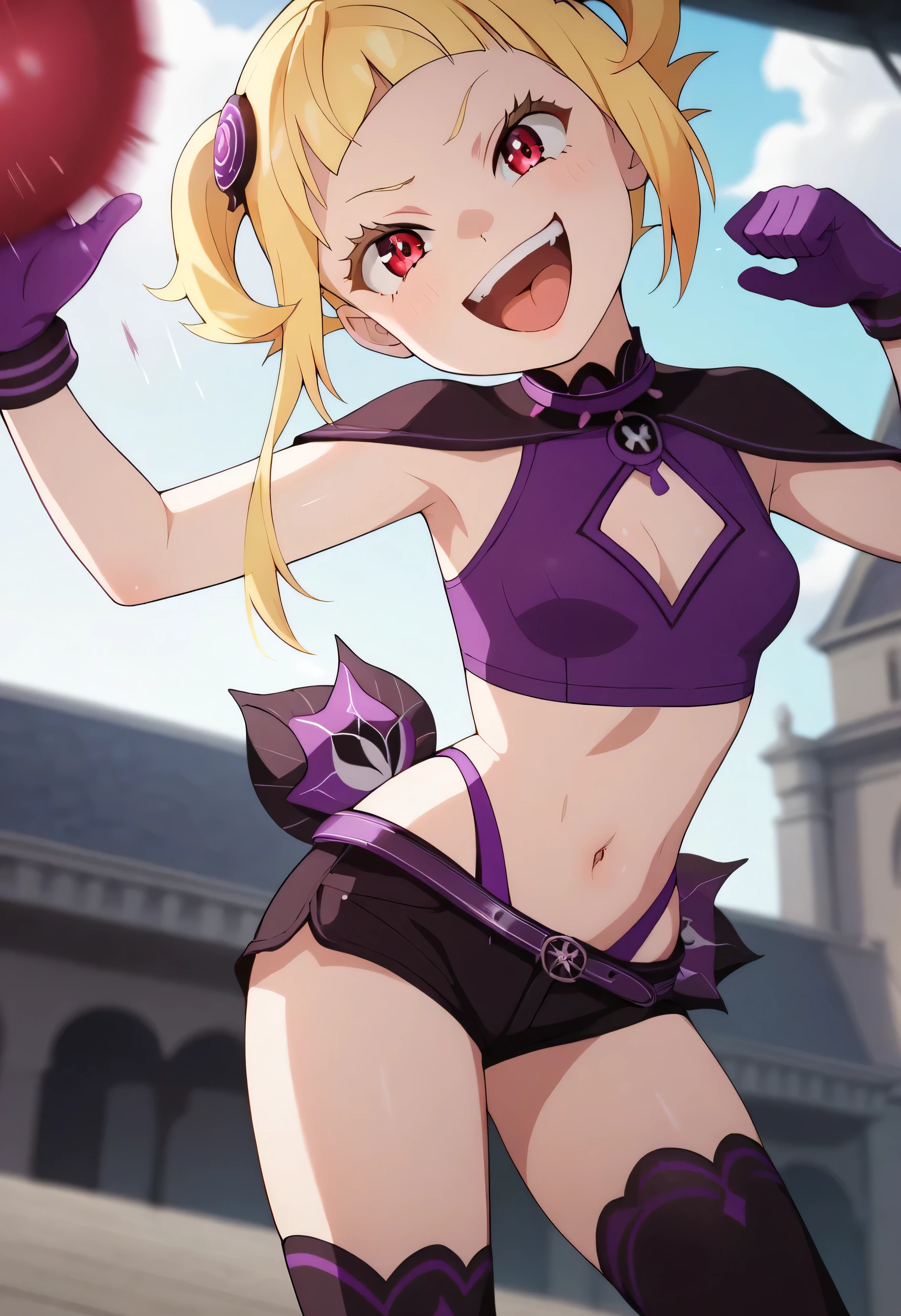 masterpiece, best quality, good quality, newest, CEL, AnFit, red eyes, blonde hair, purple crop top, 1girl, tongue out, black thighhighs, looking at viewer, purple gloves, cowboy shot, short shorts, black shorts, small breasts, highleg panties, hair ornament, , underwear, hand up, panty straps, smile, cleavage cutout, , open mouth, purple panties, two-tone , pink gloves, sidelocks, outline1girl, blonde hair,masterpiece , best quality, , lookin under, ,, smile, purple brassiere, from below,too evil laugh, small girl,small loli,beautiful body,villain pose,short hair,shaded face(eyes in shadow),1girl,violence,attack,kick,evil darkness background,five fingers,