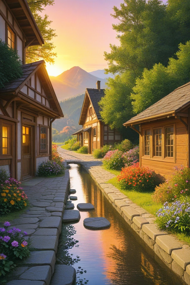  A small town by the river, mountains in the background,  colorful floral flowers ,  detailed landscape,  beautiful natural landscapes ,  atmospheric lighting , scorching sunset,  warm colors , practical, Photographic, detailed foliage, complex buildings, cobblestone street, charming country house,  vibrant colors,  lush vegetation , reflections in the water, picturesque, idyllic,  Artwork ,  better quality, 8K,  extremely detailed ,  anime style 