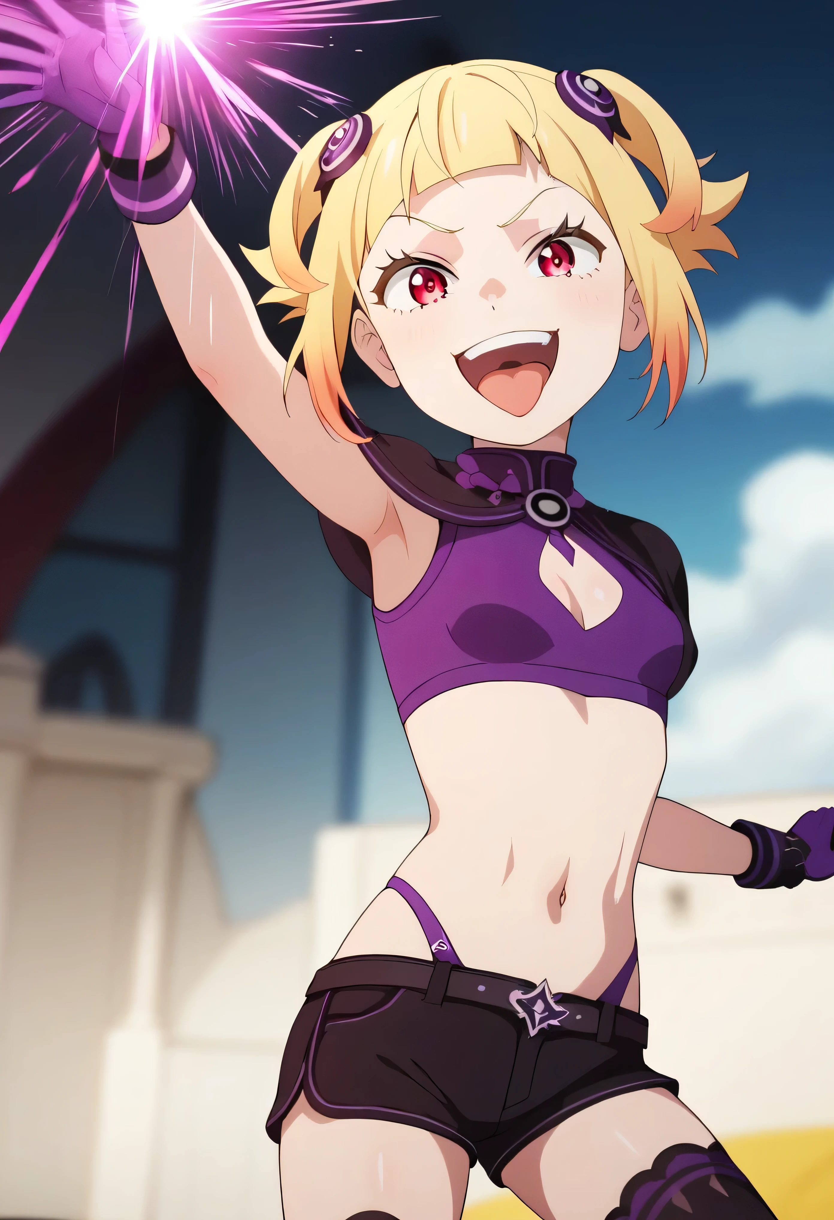 masterpiece, best quality, good quality, newest, CEL, AnFit, red eyes, blonde hair, purple crop top, 1girl, tongue out, black thighhighs, looking at viewer, purple gloves, cowboy shot, short shorts, black shorts, small breasts, highleg panties, hair ornament, , underwear, hand up, panty straps, smile, cleavage cutout, , open mouth, purple panties, two-tone , pink gloves, sidelocks, outline1girl, blonde hair,masterpiece , best quality, , lookin under, ,, smile, purple brassiere, from below,too evil laugh, small girl,small loli,beautiful body,villain pose,short hair,shaded face(eyes in shadow),1girl,violence,attack,kick,evil darkness background,five fingers,