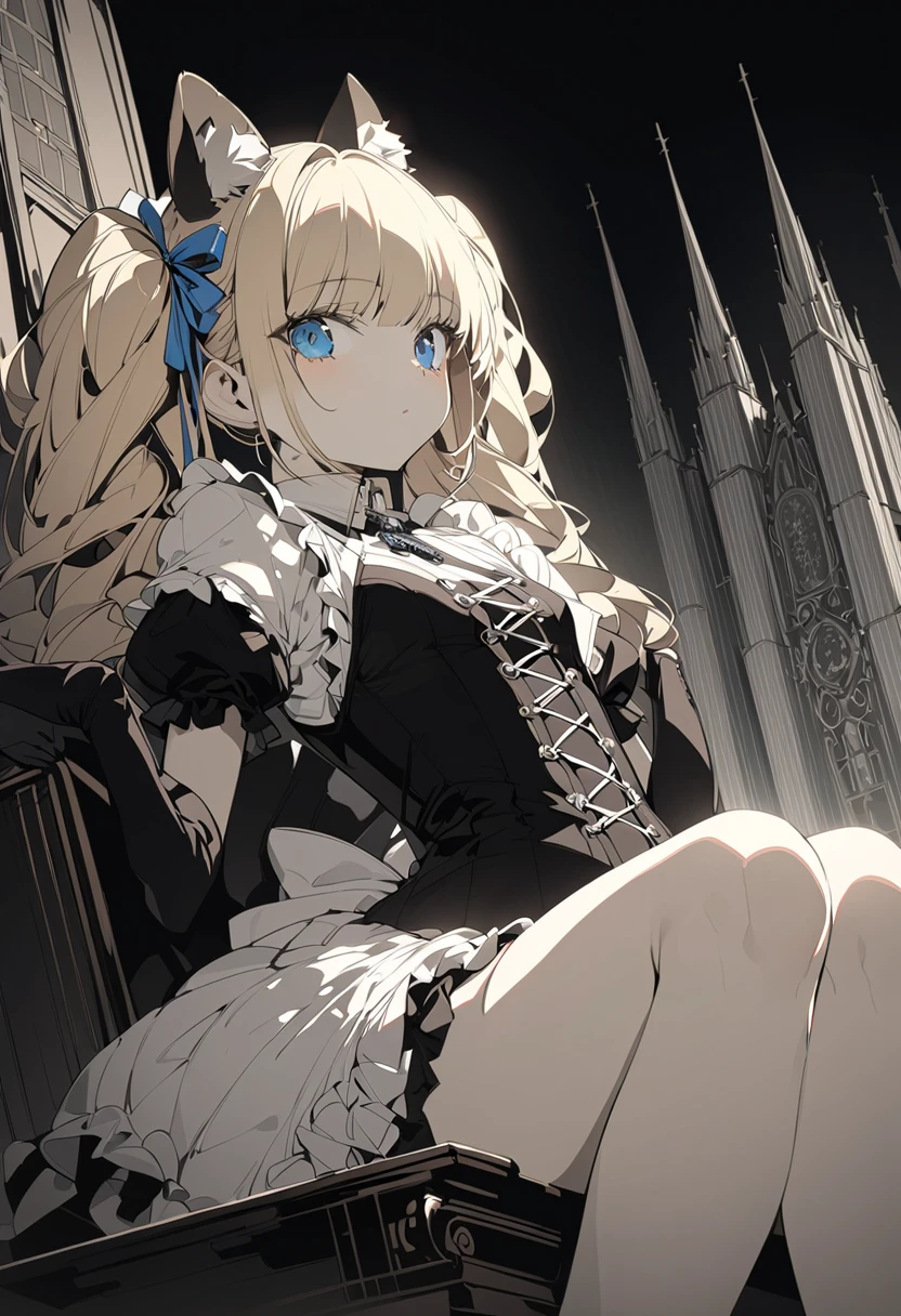 Pure,  1 girl , high quality, 最high quality, figure, masterpiece,  very detailed,  very detailed,  Young girl,Cat ears and twin tails, (Small breasts) , Blonde Drill Hair, masterpiece, best quality, extremely detailed, anime, Blonde hair, high contrast,  moody color light , army lighting, ((small breasts))  ,   blue ribbon, odango hair or drill hair, Small breasts, church ,  has its hands on the wall, active pose, Cathedral, Butt, vampire,  Hot Pants,Maid uniform,   steampunk,  Christmas night ,  is sitting in a luxurious chair,  legs open,  pretty pussy, embassis , 