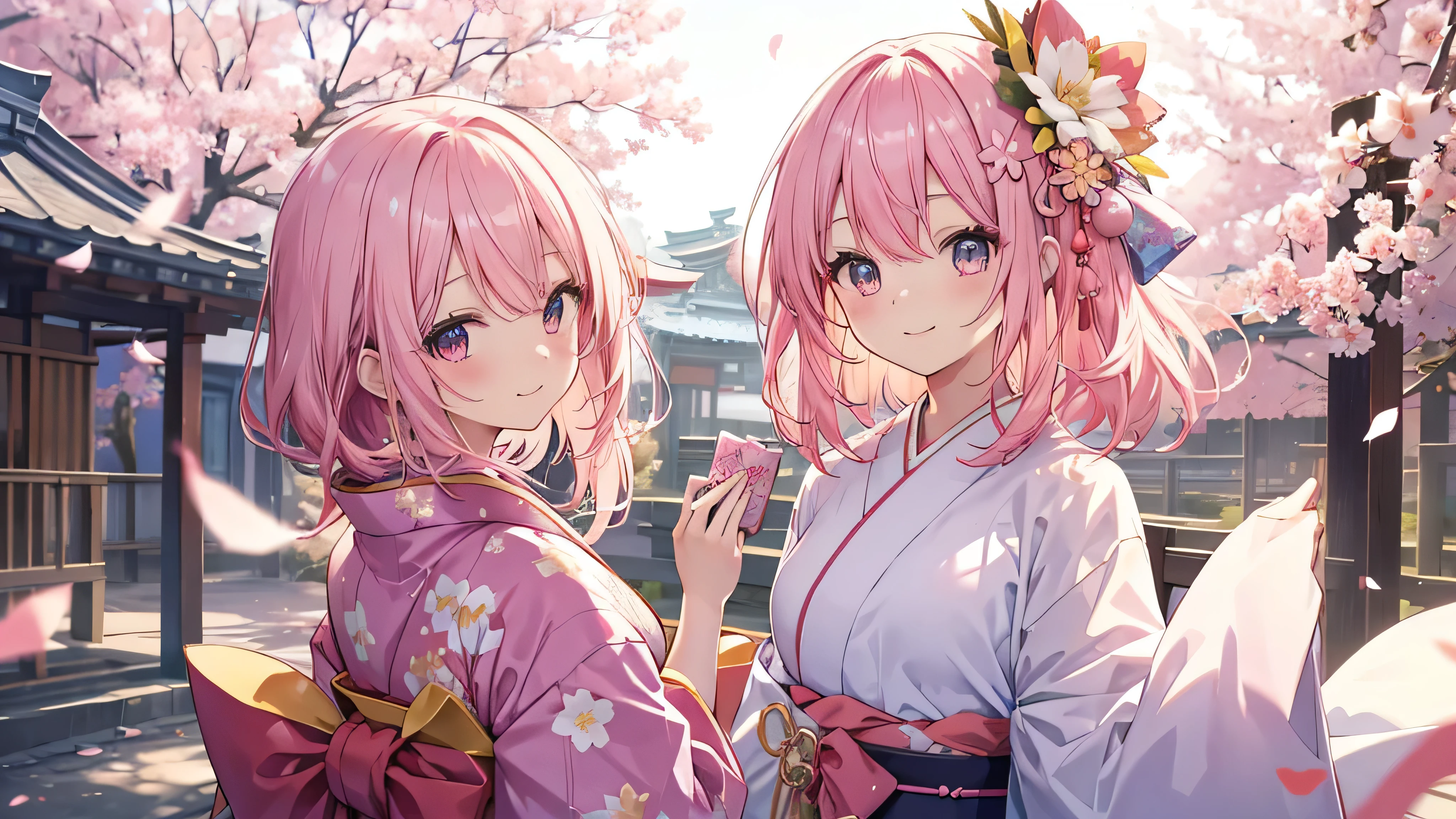  best smile , cute anime pink haired girl、 Dynamic、solo, long hair on her face, soft light,(( bright kimono ))New Year&#39;s Greetings