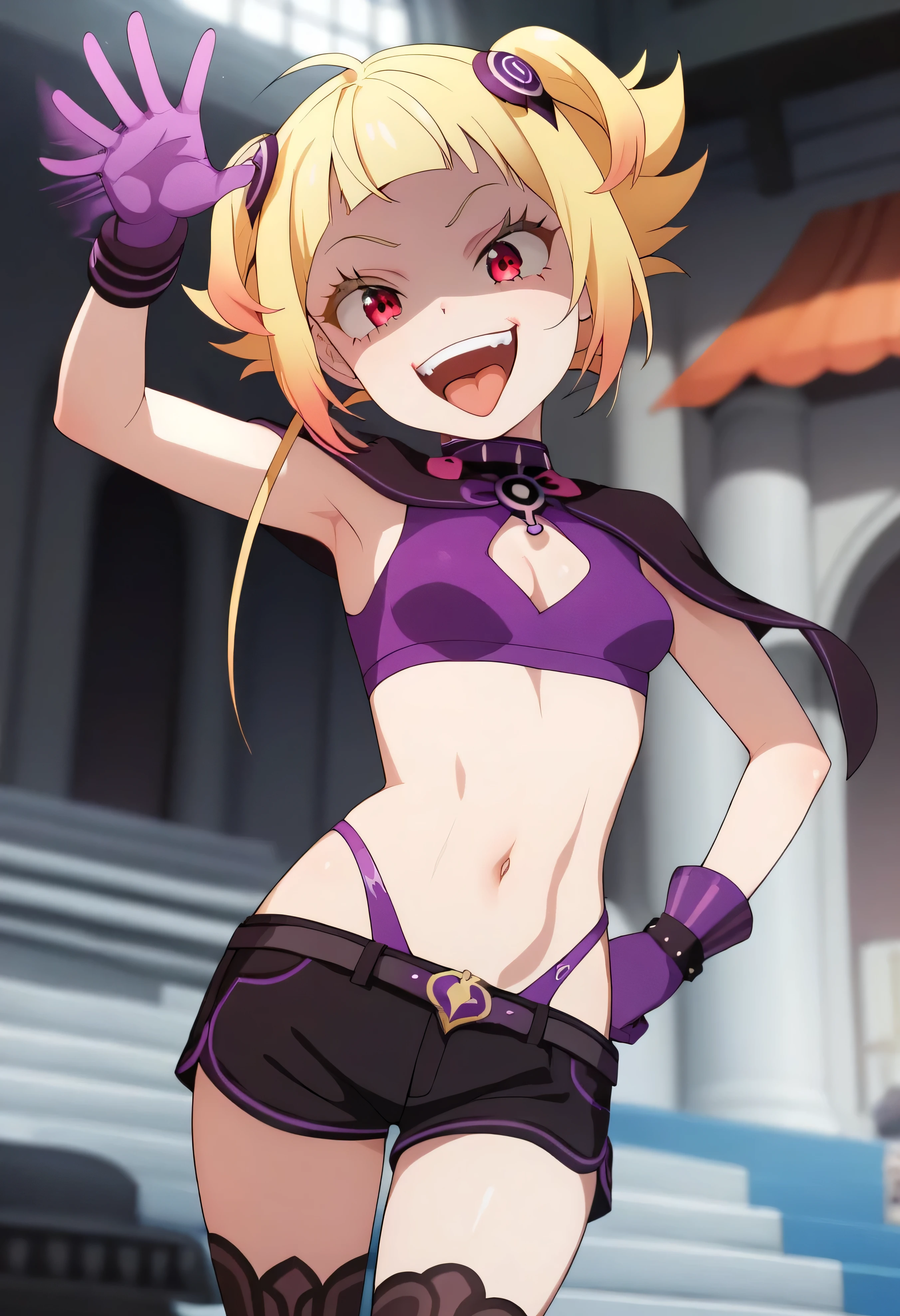 masterpiece, best quality, good quality, newest, CEL, AnFit, red eyes, blonde hair, purple crop top, 1girl, tongue out, black thighhighs, looking at viewer, purple gloves, cowboy shot, short shorts, black shorts, small breasts, highleg panties, hair ornament, , underwear, hand up, panty straps, smile, cleavage cutout, , open mouth, purple panties, two-tone , pink gloves, sidelocks, outline1girl, blonde hair,masterpiece , best quality, , lookin under, ,, smile, purple brassiere, from below,too evil laugh, small girl,small loli,beautiful body,villain pose,short hair,shaded face(eyes in shadow),1girl,violence,attack,kick,evil darkness background,five fingers,