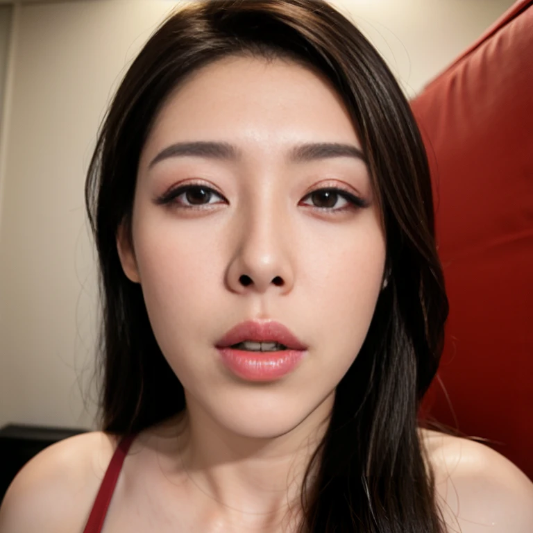 (a masterpiece portrait of a woman with ultra detailed features, in 8K resolution, with crisp quality and vibrant colors)、(from front、 face forward:1.4)、( focusing on her face)、(A face waiting for a kiss:1.4)、50 years old、throw:1.8、( staring at me :1.8)、 shiny red lips、(Slightly open eyes:1.4)、 Sharp Focus 、Hairstyle put together at the back 、