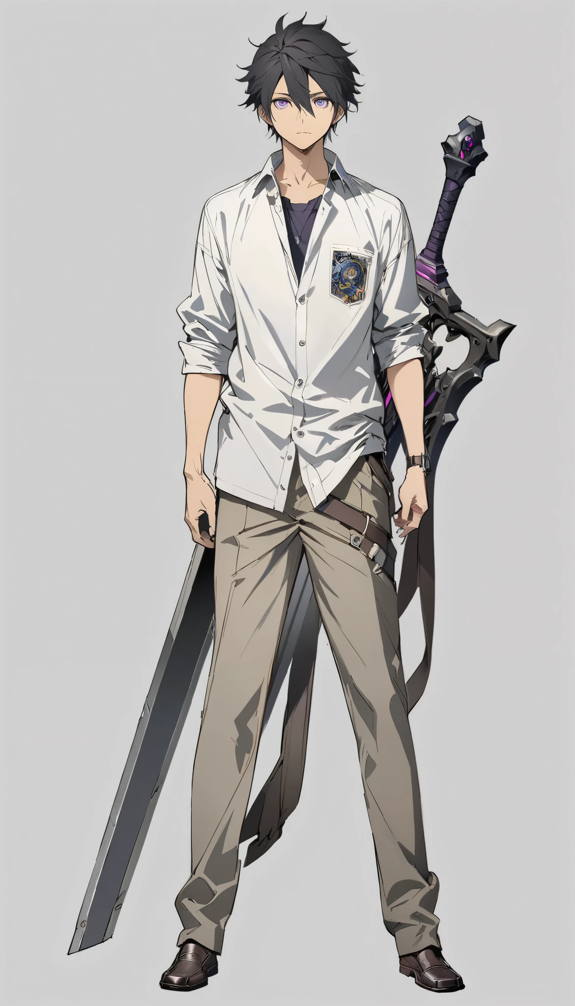 solo,1man,full body,black hair,Cool hairstyle,purple eyes,school uniform,large sword,looking at viewer,upright,arms at sides,concept art.white background,simple background,best quality,masterpiece,illustration,beautiful detailed eyes,expressionless,ultra-detailed,hairs between eyes