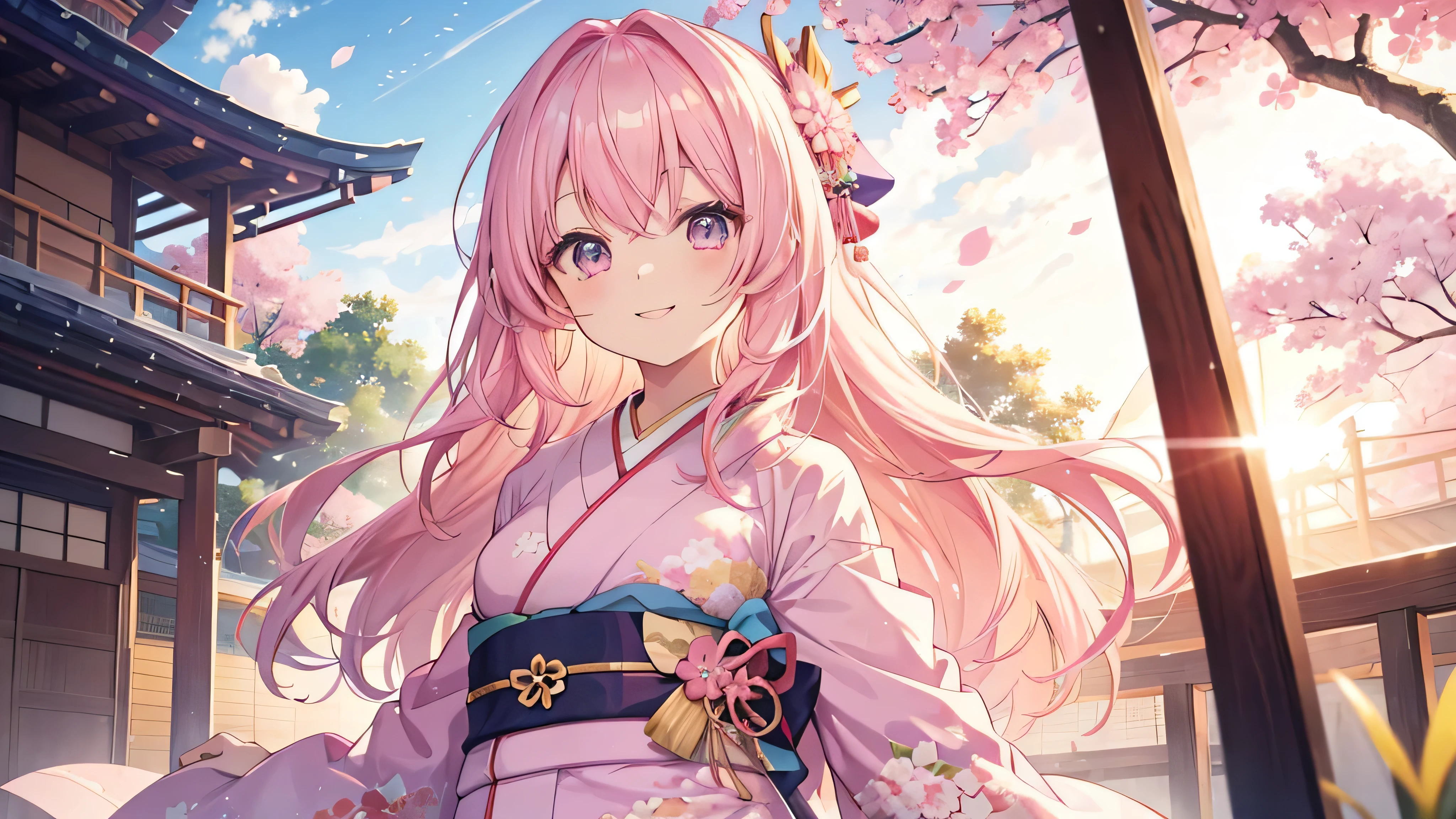  best smile , cute anime pink haired girl、 Dynamic、solo, long hair on her face, soft light,(( bright kimono ))kannma  