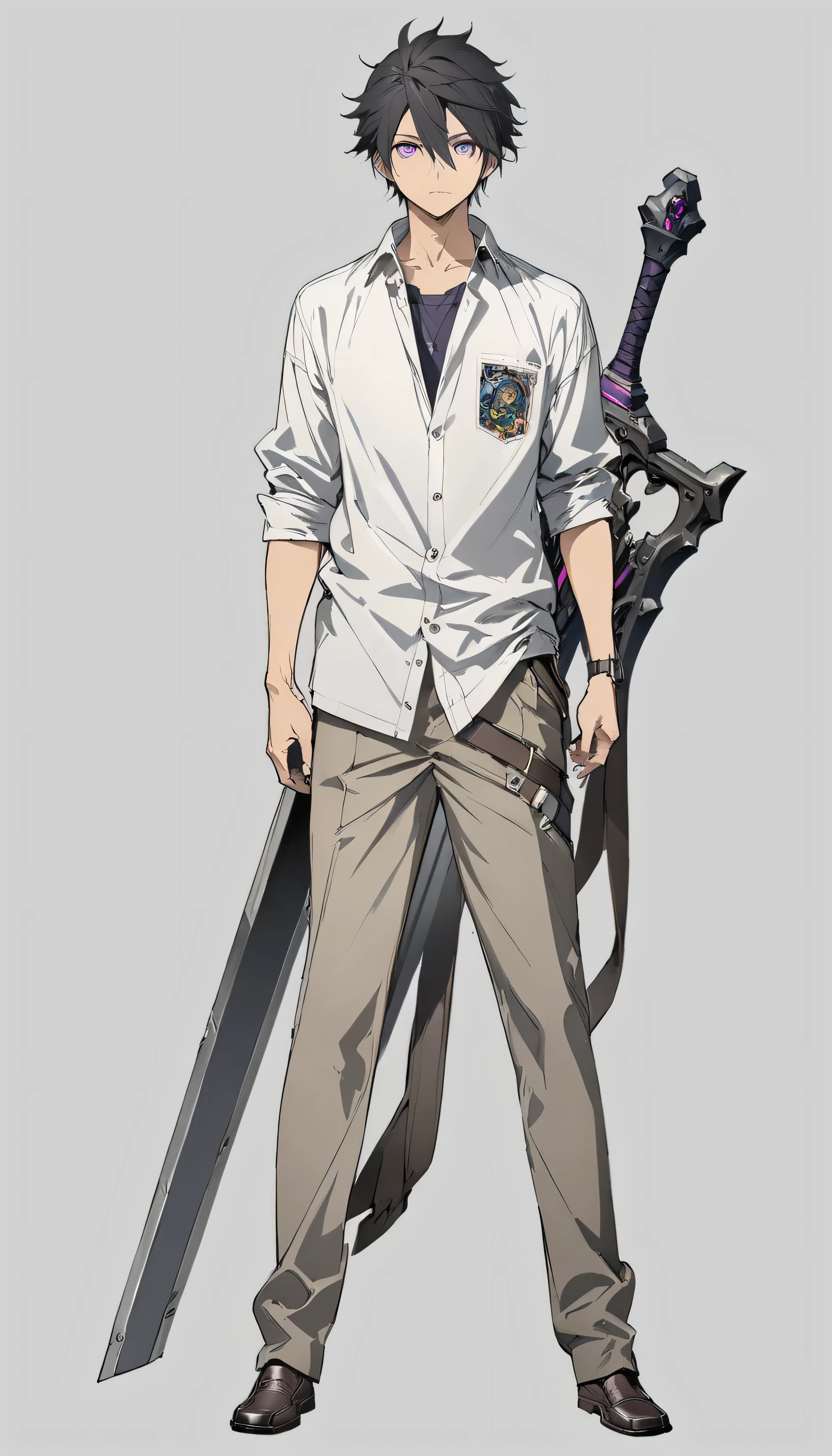 solo,1man,full body,black hair,Cool hairstyle,purple eyes,school uniform,large sword,looking at viewer,upright,arms at sides,concept art.white background,simple background,best quality,masterpiece,illustration,beautiful detailed eyes,expressionless,ultra-detailed,hairs between eyes