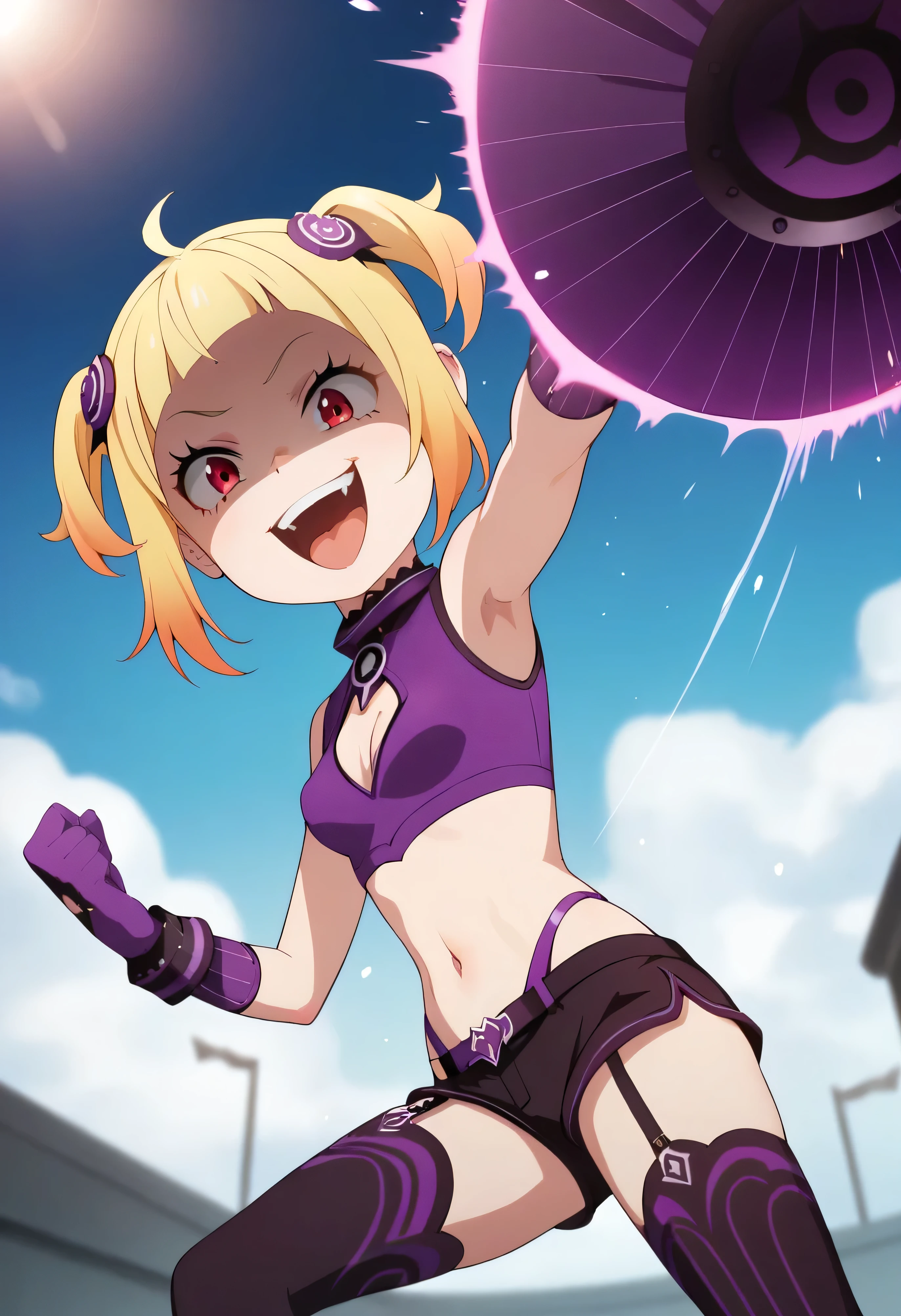 masterpiece, best quality, good quality, newest, CEL, AnFit, red eyes, blonde hair, purple crop top, 1girl, tongue out, black thighhighs, looking at viewer, purple gloves, cowboy shot, short shorts, black shorts, small breasts, highleg panties, hair ornament, , underwear, hand up, panty straps, smile, cleavage cutout, , open mouth, purple panties, two-tone , pink gloves, sidelocks, outline1girl, blonde hair,masterpiece , best quality, , lookin under, ,, smile, purple brassiere, from below,too evil laugh, small girl,small loli,beautiful body,villain pose,short hair,shaded face(eyes in shadow),1girl,violence,attack,kick,evil darkness background,five fingers,