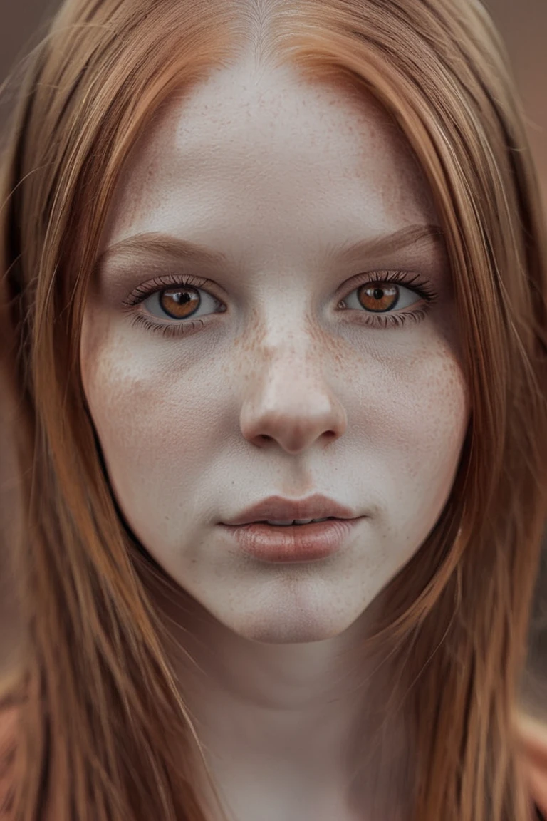 25 years old woman, long straight auburn hair, orange eyes, pale skin, some freckles, round face, round chin, full lips, side view, serious looking