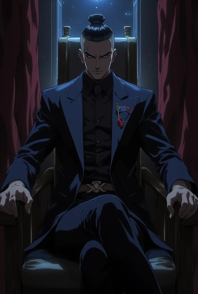 young anime murim villain taoist marshal artist   ,  in suit sitting in dark shadows on chair in villainous pose 