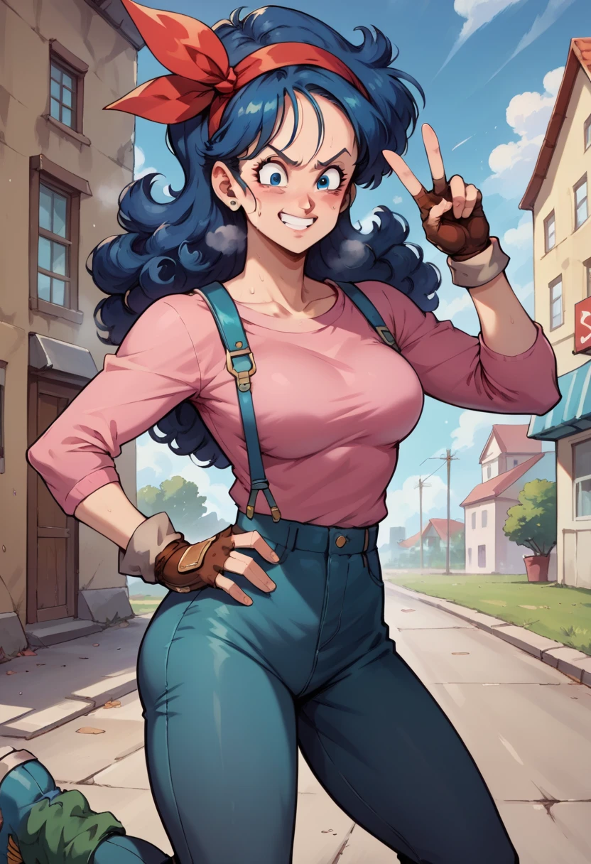 score_9, score_8_up, score_7_up, score_6_up, source anime, BREAK 1girl, solo, mature girl, adult, Launch, \(Dragon Ball\),blue hair, black eyes, blue eyes, long hair, curly hair, medium breasts, red hairband, eyelashes, bangs, pink shirt, pink shirt suspenders,red hair ribbon, black leather pants, peace sign, brown fingerless gloves, green leg warmers, light blue boots, (contrapposto, hand on hip), smile, sedutive, heat, embarrassed,