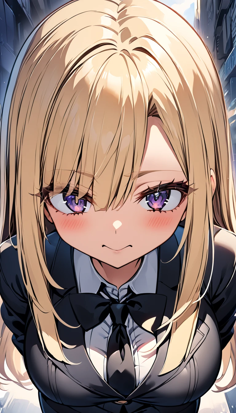  One girl 　 cute girl　 ANIME STYLE　Anime Face　 anime style　Beauty　Big Breasts　 top and bottom black pant suit 　 black shirt　Black color tie　Blonde hair　 straight hair 　 long hair on her face