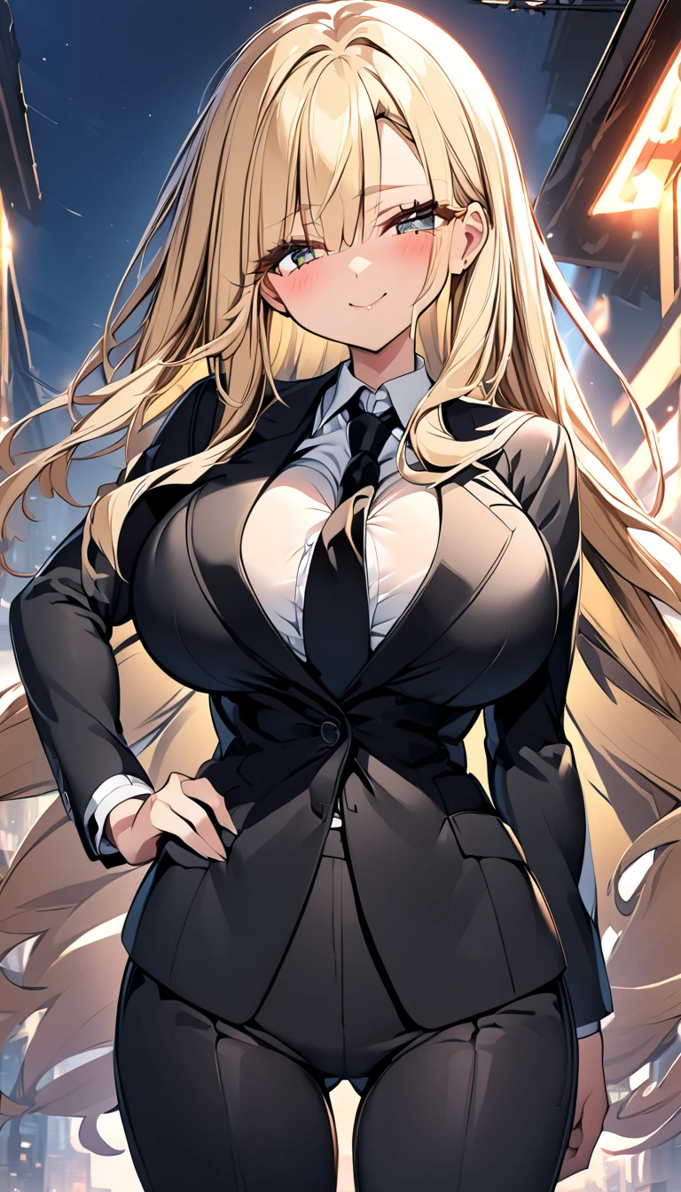  One girl 　 cute girl　 ANIME STYLE　Anime Face　 anime style　Beauty　Big Breasts　 top and bottom black pant suit 　 black shirt　Black color tie　Blonde hair　 straight hair 　 long hair on her face