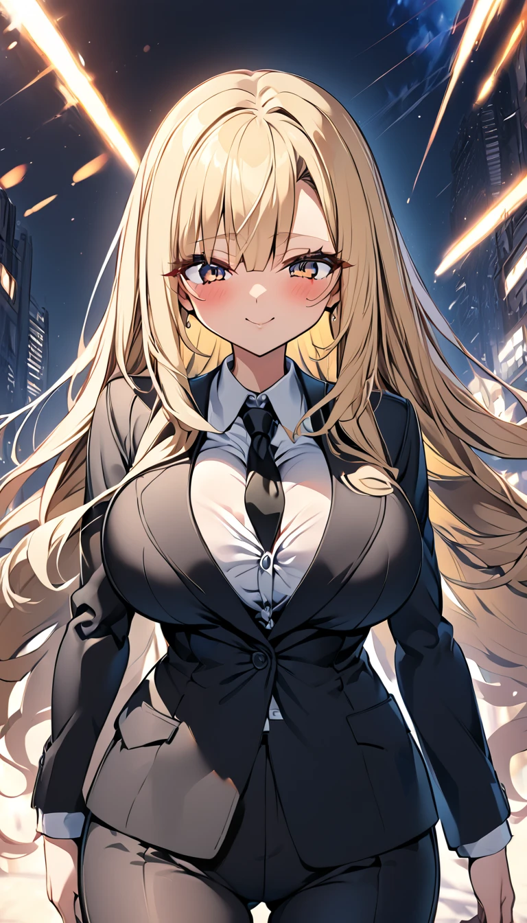  One girl 　 cute girl　 ANIME STYLE　Anime Face　 anime style　Beauty　Big Breasts　 top and bottom black pant suit 　 black shirt　Black color tie　Blonde hair　 straight hair 　 long hair on her face