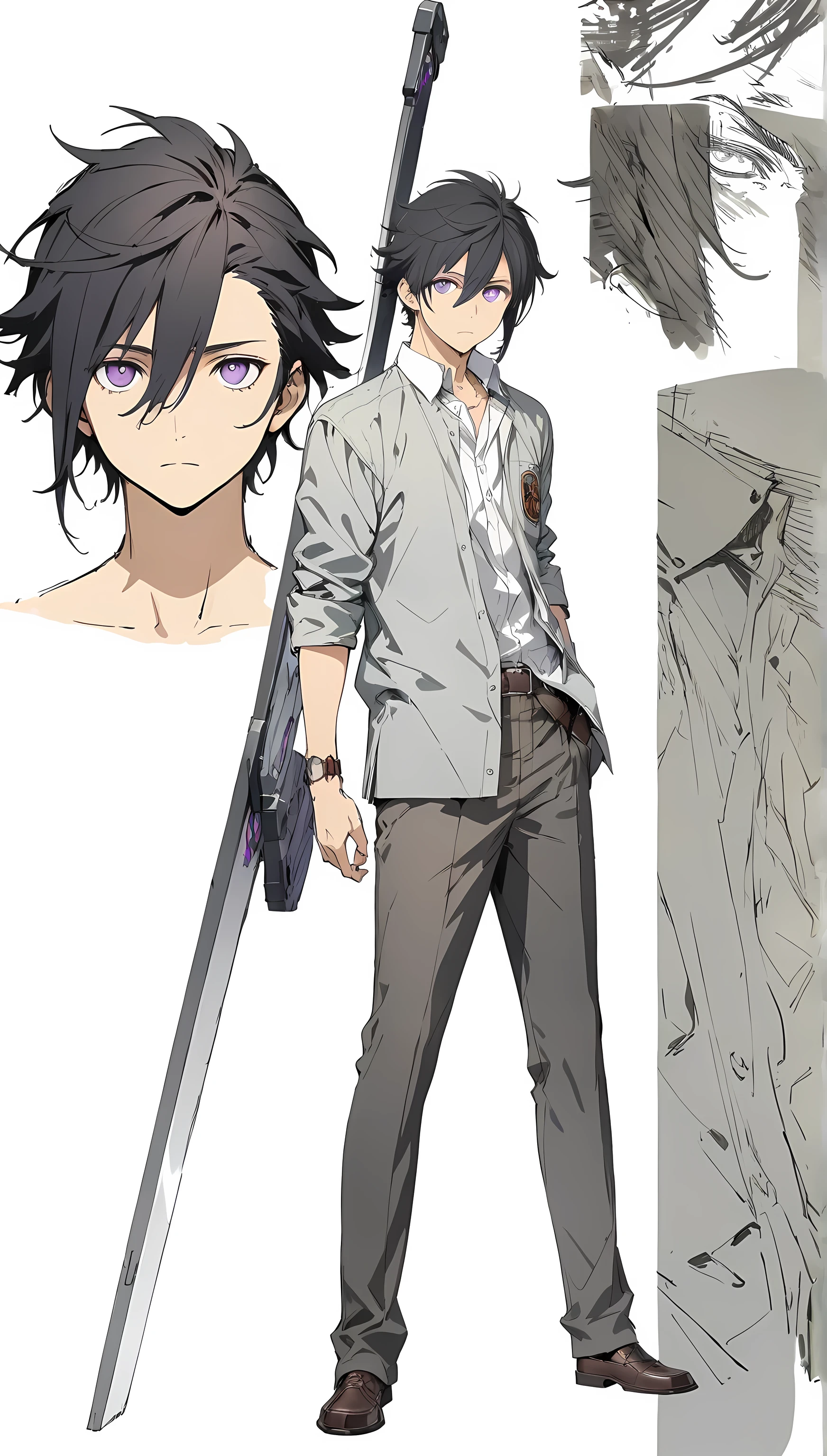 solo,1man,full body,black hair,Cool hairstyle,purple eyes,school uniform,large sword,looking at viewer,upright,arms at sides,concept art.white background,simple background,best quality,masterpiece,illustration,beautiful detailed eyes,expressionless,ultra-detailed,hairs between eyes