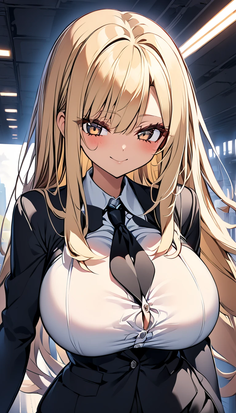  One girl 　 cute girl　 ANIME STYLE　Anime Face　 anime style　Beauty　Big Breasts　 top and bottom black pant suit 　 black shirt　Black color tie　Blonde hair　 straight hair 　 long hair on her face