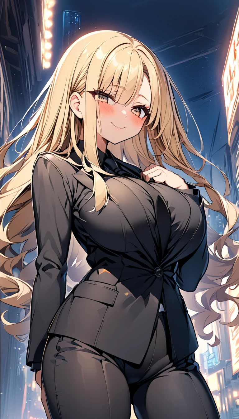  One girl 　 cute girl　 ANIME STYLE　Anime Face　 anime style　Beauty　Big Breasts　 top and bottom black pant suit 　 black shirt　Black color tie　Blonde hair　 straight hair 　 long hair on her face