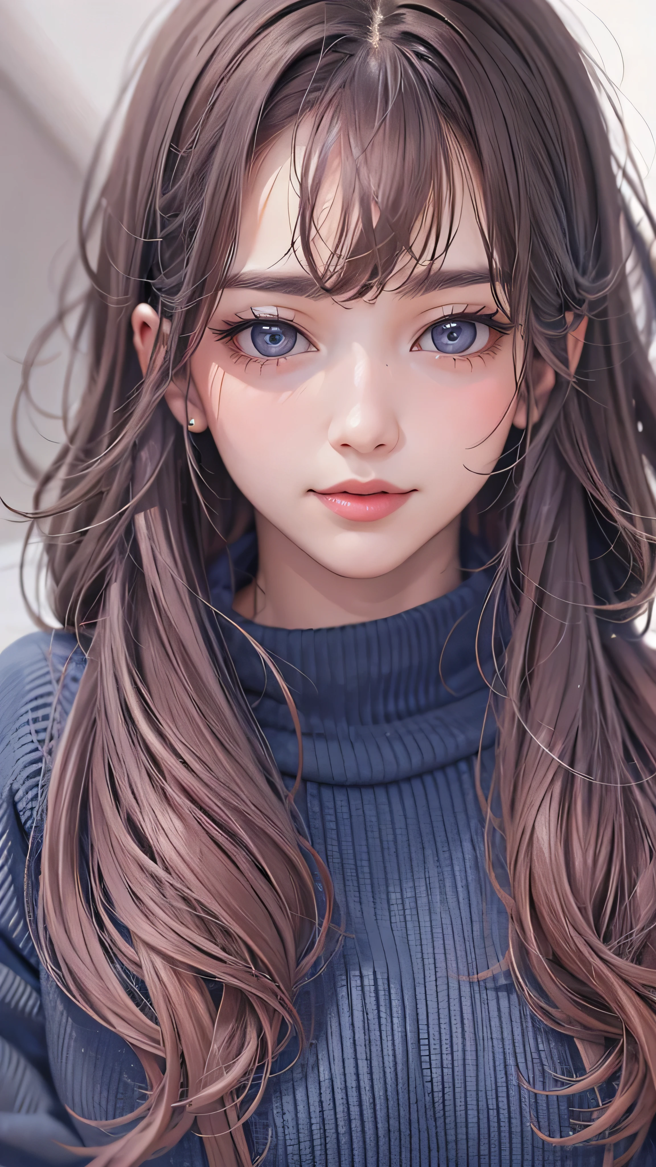  in high-definition images， female portrait_ face details, length_hair,  navy blue sweater, Overwhelming painting。