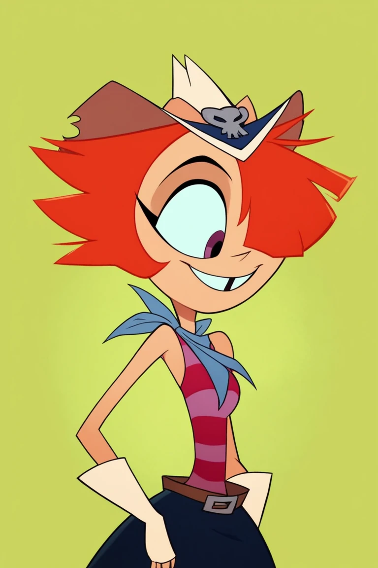 1girl, ((upper body portrait of Rawhide from Long gone Gulch)), Ultra HD, high quality, masterpiece, high detail, Rawhide,  Rawhide from Long Gone Gulch, Striped clothing, Orange Hair, Cowboy Hat, Cowgirl Outfit, smiling
BREAK
score_9, score_8_up, score_7_up, score_6_up, source_cartoon,