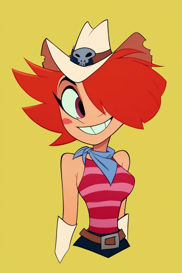 1girl, ((upper body portrait of Rawhide from Long gone Gulch)), Ultra HD, high quality, masterpiece, high detail, Rawhide,  Rawhide from Long Gone Gulch, Striped clothing, Orange Hair, Cowboy Hat, Cowgirl Outfit, smiling
BREAK
score_9, score_8_up, score_7_up, score_6_up, source_cartoon,