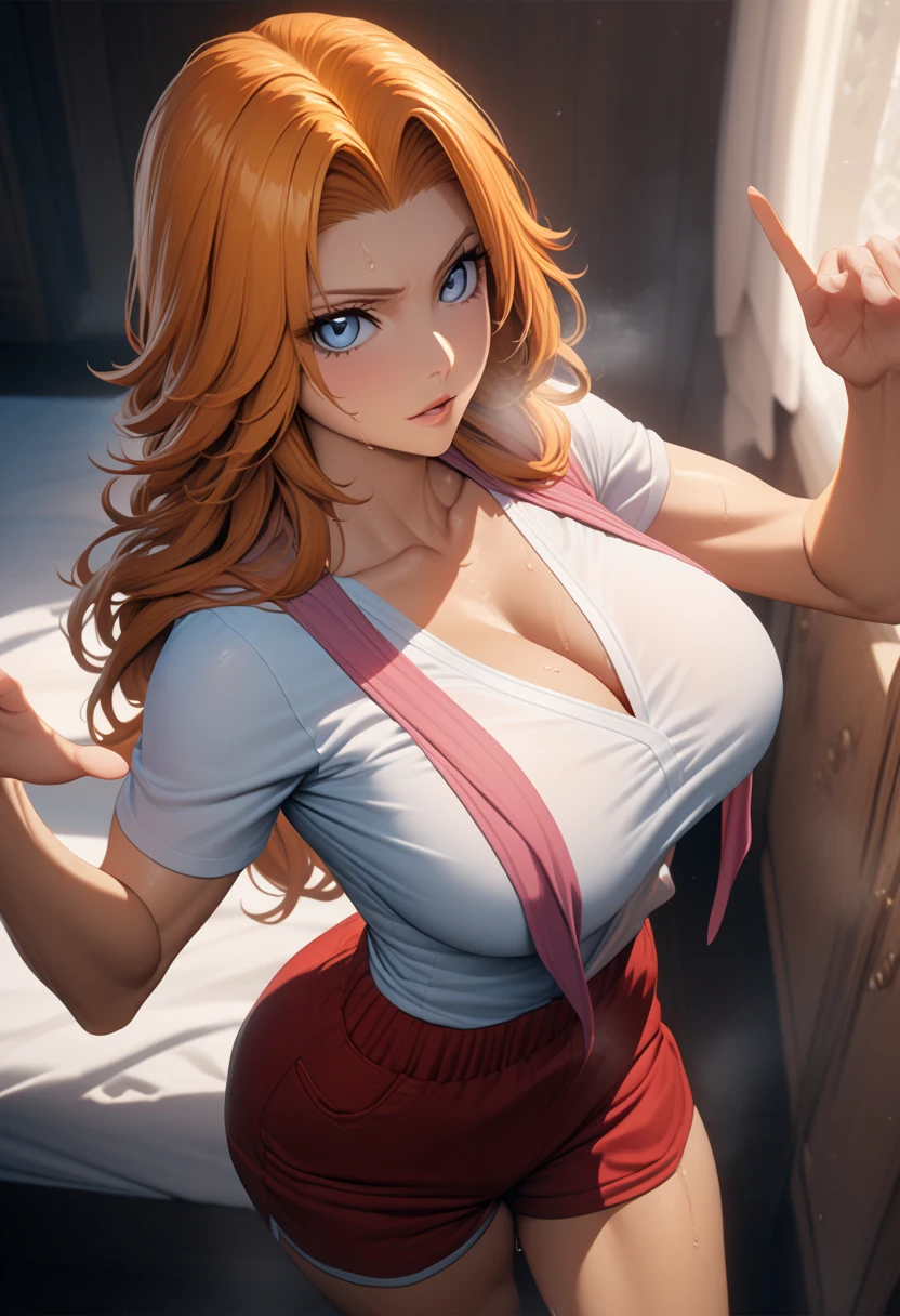 masterpiece,best quality,high resolution,8k,ultra HD,wallpaper,illustration,perfect face,cowboy shot,beautiful detailed eyes,extremely detailed face,perfect lighting,extremely detailed CG,perfect anatomy,perfect body,perfect hands,perfect fingers,1woman,full body,,muscle fighter body,(orange long hair),light blue eyes,large breasts,Medium ass,medium nipples,(white school sports shirt),red school bloomers short pants,clothed,,collarbone,,looking at viewer,(),,Steam,sweat, on the bed,(Bleach character Matsumoto Rangiku),adult,