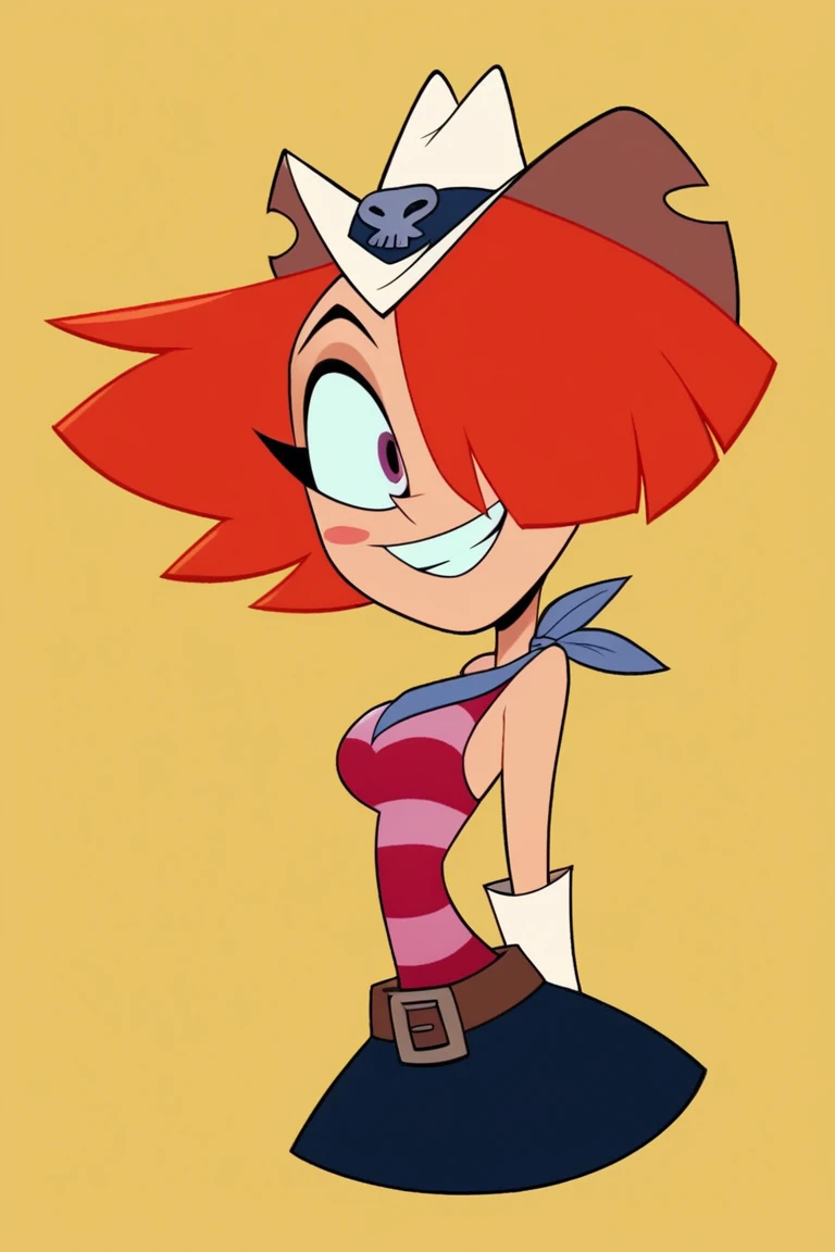 1girl, ((upper body portrait of Rawhide from Long gone Gulch)), Ultra HD, high quality, masterpiece, high detail, Rawhide,  Rawhide from Long Gone Gulch, Striped clothing, Orange Hair, Cowboy Hat, Cowgirl Outfit, smiling
BREAK
score_9, score_8_up, score_7_up, score_6_up, source_cartoon,