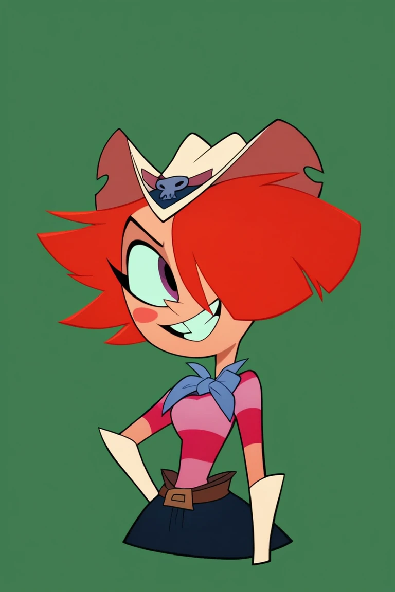 1girl, ((upper body portrait of Rawhide from Long gone Gulch)), Ultra HD, high quality, masterpiece, high detail, Rawhide,  Rawhide from Long Gone Gulch, Striped clothing, Orange Hair, Cowboy Hat, Cowgirl Outfit, smiling
BREAK
score_9, score_8_up, score_7_up, score_6_up, source_cartoon,