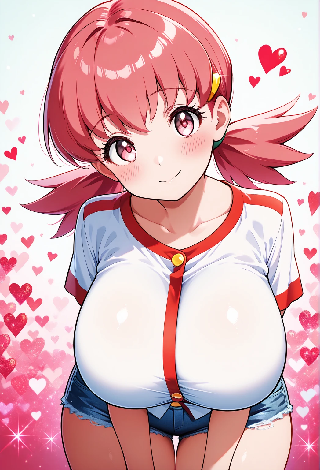 masterpiece, best quality, 32k, high resolution, absurdres, Hyper breasts, (curvy), cute, eyelashes, vivid colors, 
zzWhitney, pink eyes, pink hair, pigtails, hair clip, white shirt, denim shorts, 
smile, looking at viewer, leaning forward, head tilt, blush, abstract background, hearts, RedGlitter,