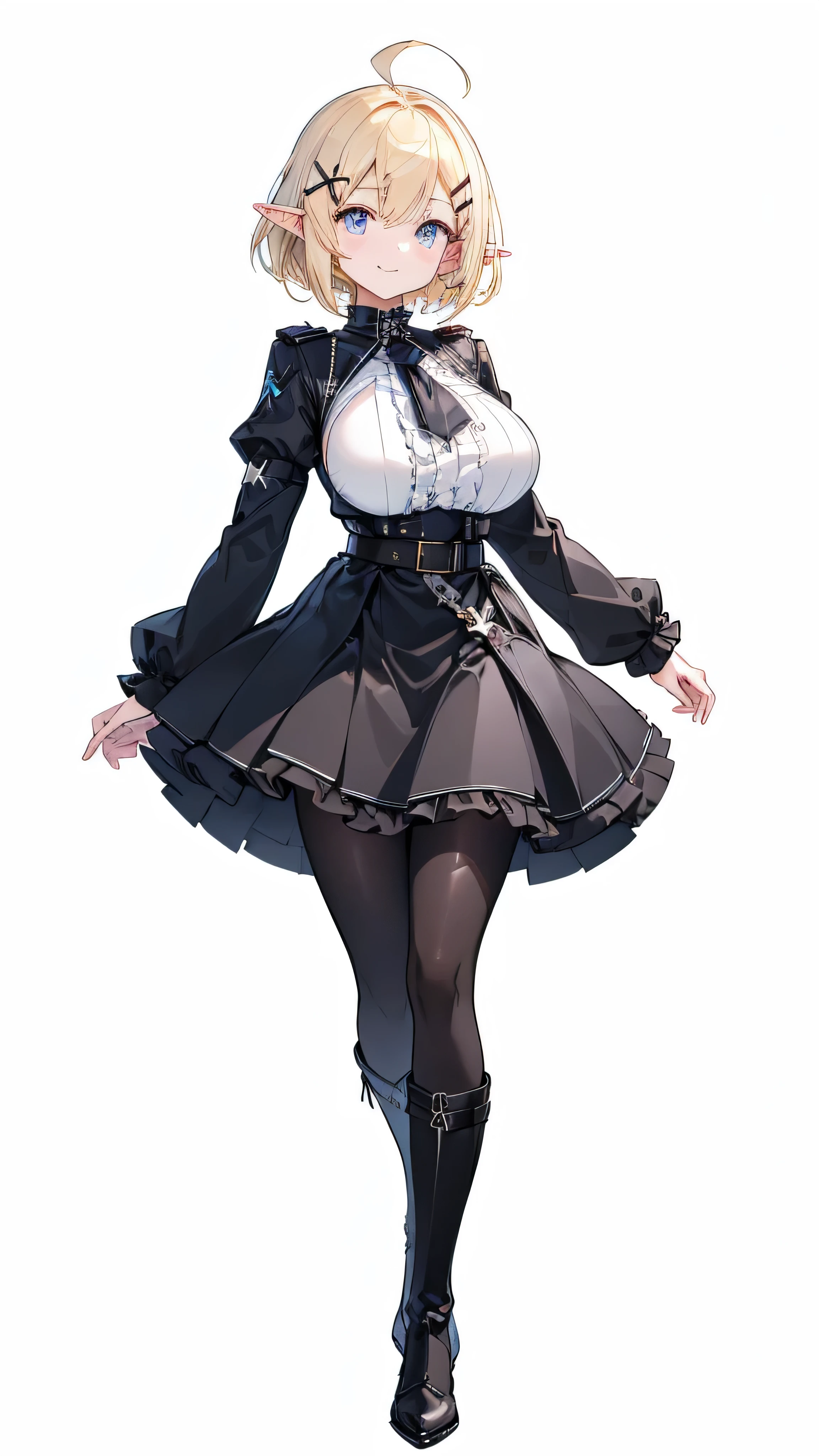 masterpiece,  top quality ,(( 1 elf woman, tall ,adult,Standing tall, standing straight , slender )),((full body)), detailed ruffles ,Perfect dark blue eyes , (( blonde short hair)),ahoge,(((X shaped thick hairpins ))),(huge breast:1.2), Black Knee High Boots ,((black luxury tights, black gothic skirt with ruffles,Black military uniform,Black long sleeves)),(((( no background ,Solid white background)))), thin eyebrows, white skin, with a cheerful smile,  I don't have anything in my hands ,One hand on hip,( composition from an oblique side),Gun belt on waist