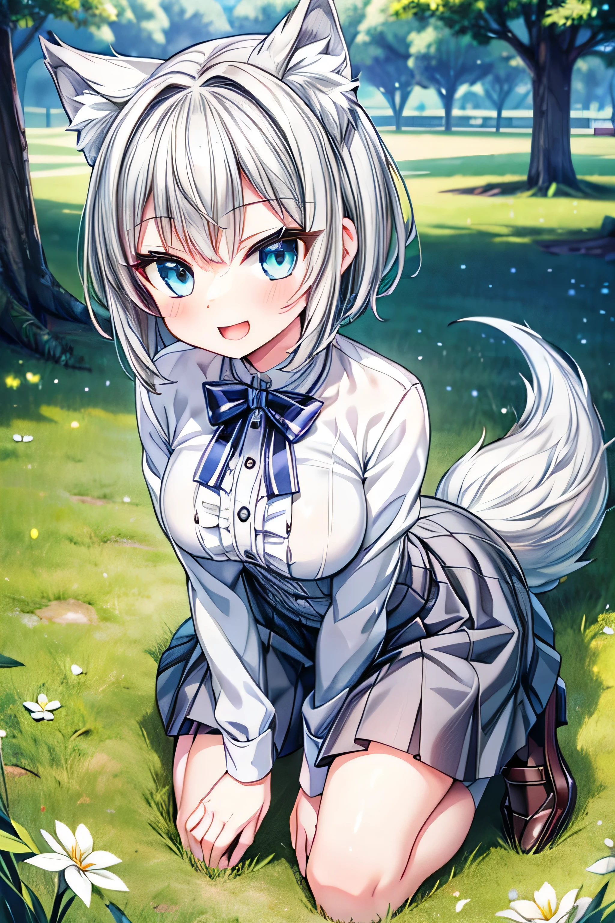 (extremely detailed, 8K resolution, with sharp focus, masterpiece, best quality, Moe Art style, sfw):1.2, 1 cute silver wolf lady, slender full body, kneeling on the grass in the park, detailed skyblue eyes, detailed pupil, wicked smile, open mouth, short hair, black loafers