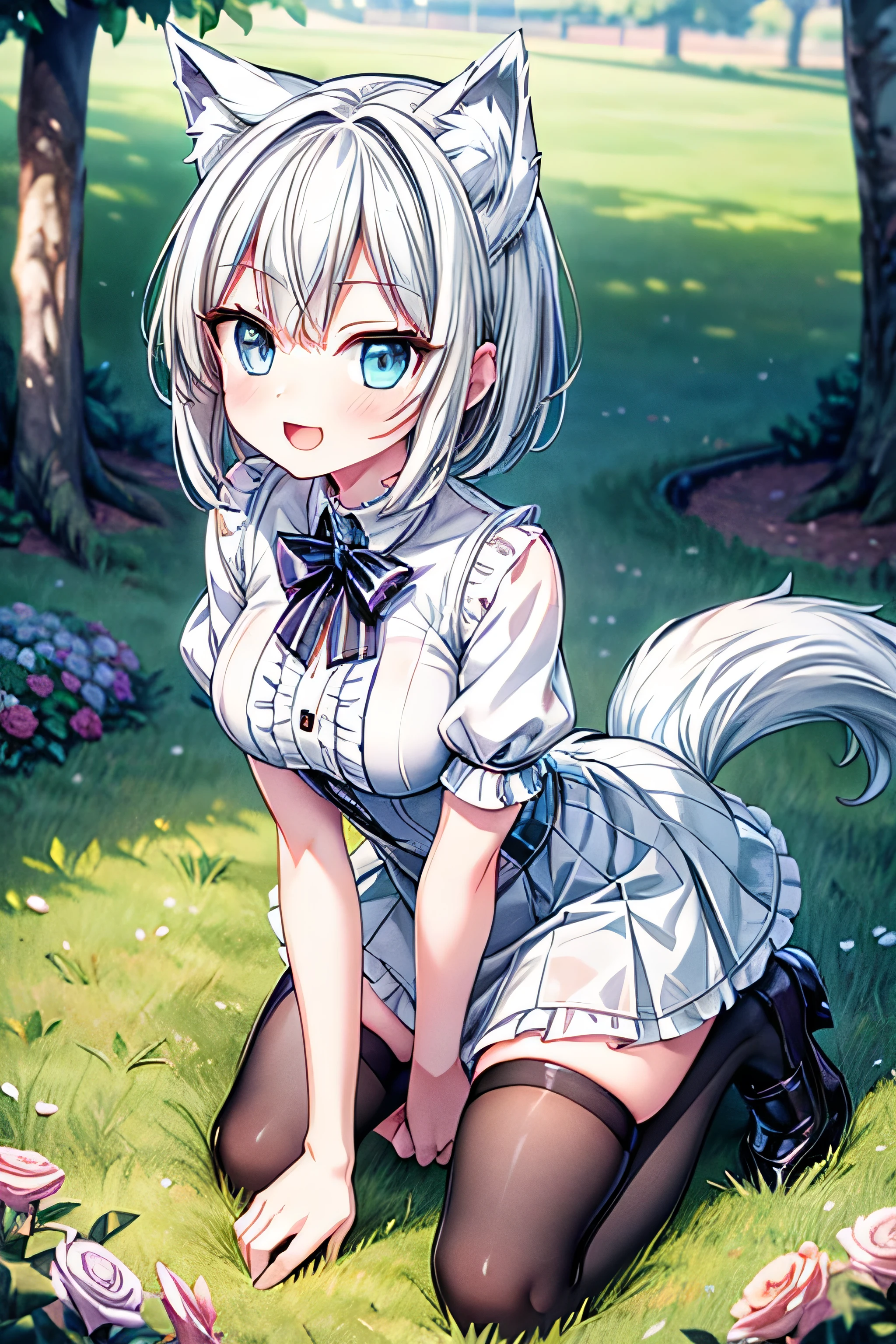 (extremely detailed, 8K resolution, with sharp focus, masterpiece, best quality, Moe Art style, sfw):1.2, 1 cute silver wolf lady, slender full body, kneeling on the grass in the park, detailed skyblue eyes, detailed pupil, wicked smile, open mouth, short hair, black loafers