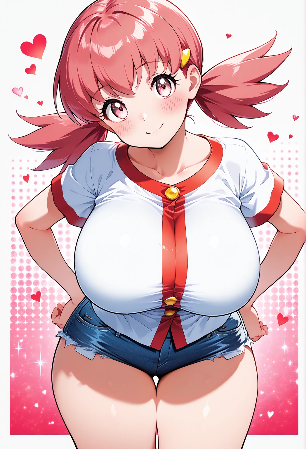 masterpiece, best quality, 32k, high resolution, absurdres, Hyper breasts, Hyper thighs, Hyper buttocks, Hyper hips, (curvy), cute, eyelashes, vivid colors, 
zzWhitney, pink eyes, pink hair, pigtails, hair clip, white shirt, denim shorts, 
smile, looking at viewer, leaning forward, head tilt, blush, abstract background, hearts, RedGlitter,