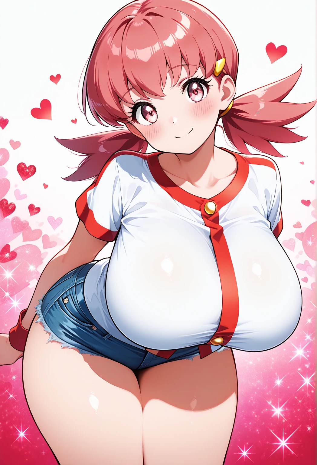 masterpiece, best quality, 32k, high resolution, absurdres, Hyper breasts, Hyper thighs, Hyper buttocks, Hyper hips, (curvy), cute, eyelashes, vivid colors, 
zzWhitney, pink eyes, pink hair, pigtails, hair clip, white shirt, denim shorts, 
smile, looking at viewer, leaning forward, head tilt, blush, abstract background, hearts, RedGlitter,