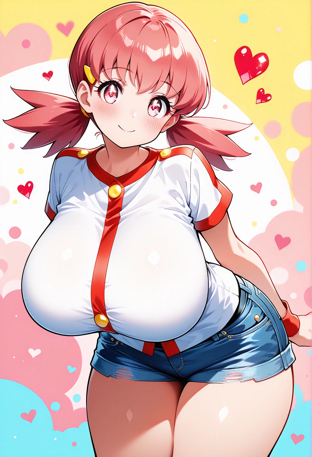 masterpiece, best quality, 32k, high resolution, absurdres, Hyper breasts, Hyper thighs, Hyper buttocks, Hyper hips, (curvy), cute, eyelashes, vivid colors, 
zzWhitney, pink eyes, pink hair, pigtails, hair clip, white shirt, denim shorts, 
smile, looking at viewer, leaning forward, head tilt, blush, abstract background, hearts, RedGlitter,