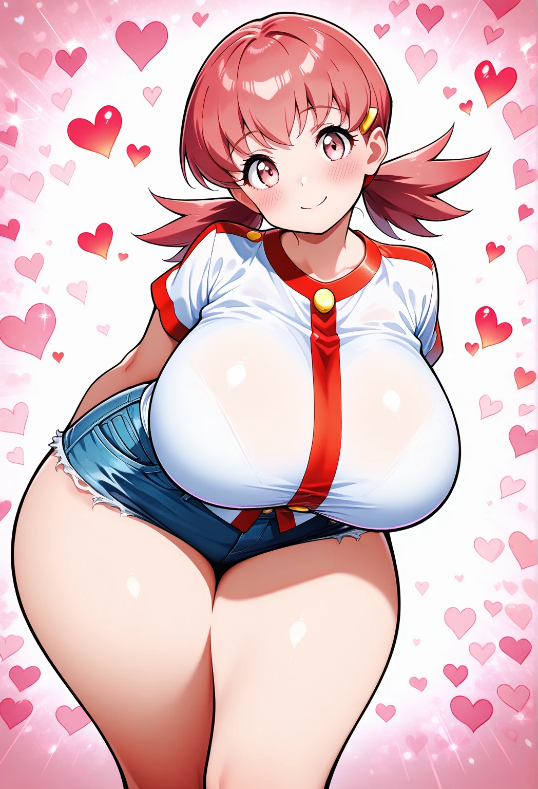 masterpiece, best quality, 32k, high resolution, absurdres, Hyper breasts, Hyper thighs, Hyper buttocks, Hyper hips, (curvy), cute, eyelashes, vivid colors, 
zzWhitney, pink eyes, pink hair, pigtails, hair clip, white shirt, denim shorts, 
smile, looking at viewer, leaning forward, head tilt, blush, abstract background, hearts, RedGlitter,