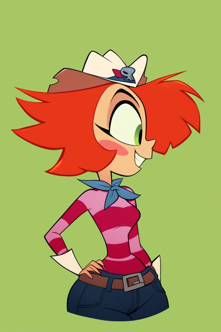 1girl, ((upper body portrait of Rawhide (big fat body) from Long gone Gulch)), Ultra HD, high quality, masterpiece, high detail, Rawhide,  Rawhide from Long Gone Gulch, Striped clothing, Orange Hair, Cowboy Hat, Cowgirl Outfit, smiling, (clothes that fit your big, fat body size).
BREAK
score_9, score_8_up, score_7_up, score_6_up, source_cartoon,