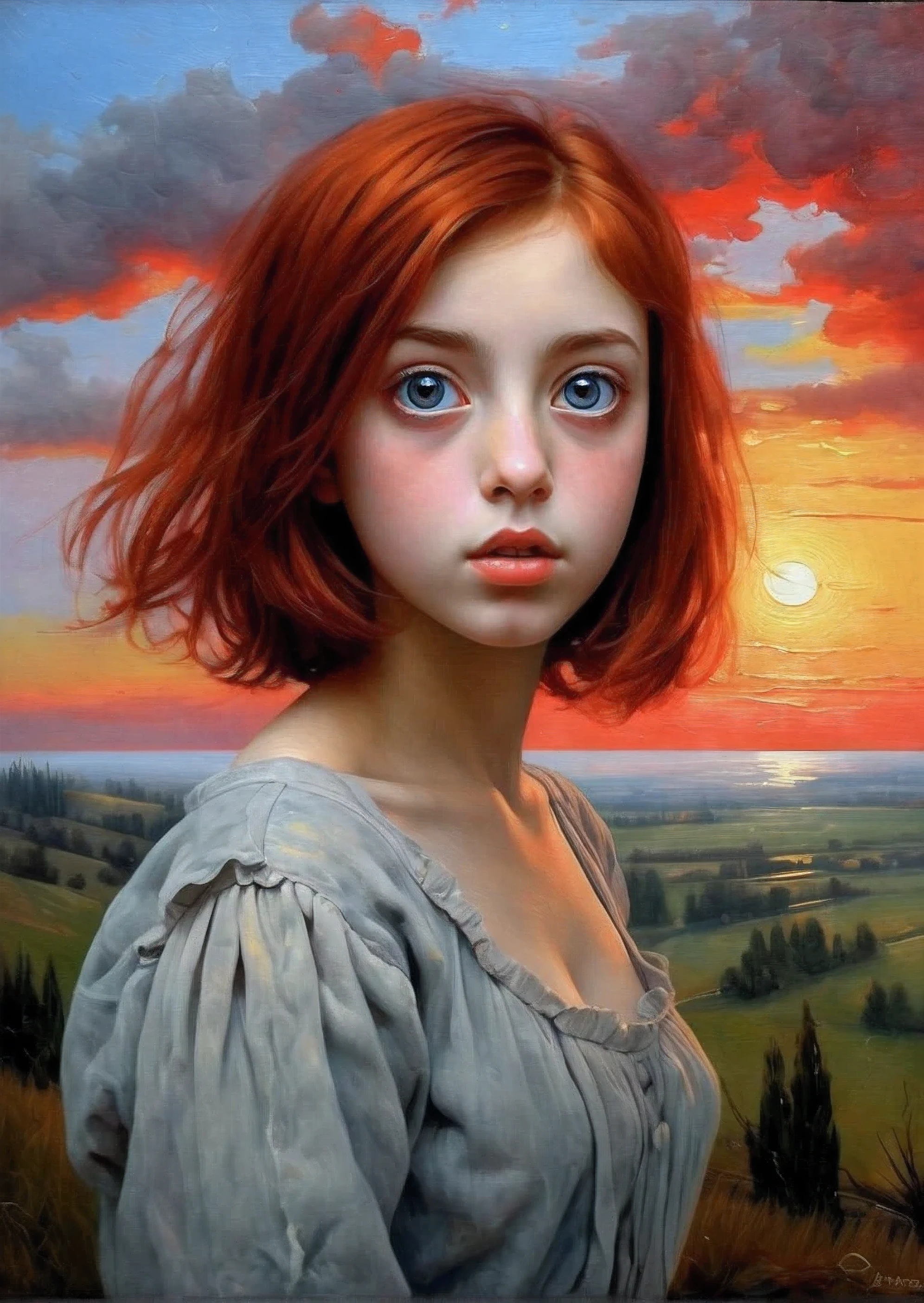 [[( front full figure portrait : young girl Zhanna Samari  (One!!!)  with big beautiful eyes and red bob hair, Crimson)(( Kuno-Amiet style !!!))])):20]/[background: Renaissance landscape , old canvas, ( silver fog sunset ), (( Alexey Savrasov landscape style :1,6))]/[ very colorful ,(( oil painting with a palette knife))(( masterpiece fails)),(( highest detail))]]