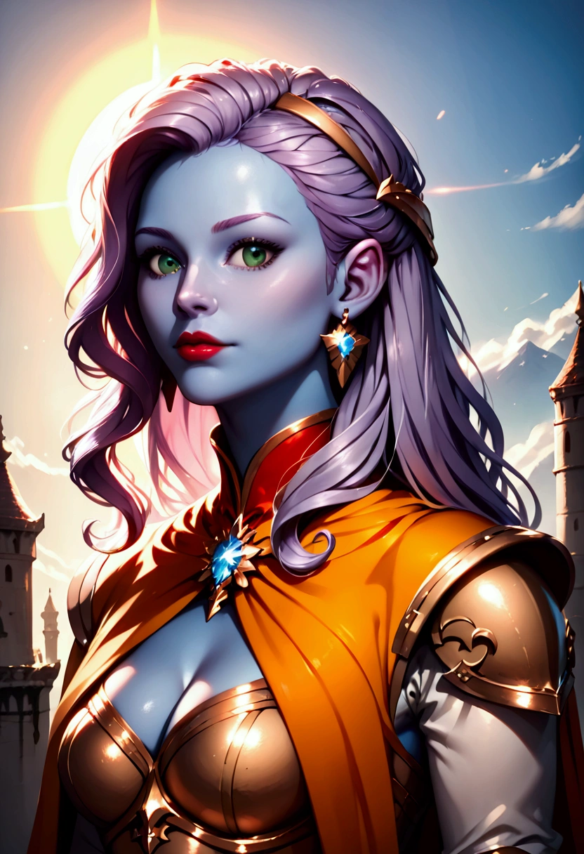 score_9, score_8_up, score_7_up, score_6_up, score_5_up, score_4_up, fantasy art, dnd art, RPG art, an intense details, highly detailed, photorealistic, best quality, highres, portrait a female, (sapphire blue skin: 1.3)), intense details facial details, exquisite beauty, cleric, female, ((lavender hair: 1.3)), long hair, hair hides ears, (((no ears: 1.5))), (green eyes: 1.3), red lips, armed with a fiery sword red fire, wearing (twilight priestly combat vestments: 1.5), wearing (white armor: 1.2), wearing high heeled laced boots, wearing an (orange cloak), wearing glowing sun holy symbol fantasy temple background, reflection light, high details, best quality, 16k, [ultra detailed], masterpiece, best quality, (extremely detailed), close up, ultra wide shot, photorealistic, RAW, fantasy art, dnd art, fantasy art, realistic art,((best quality)), ((masterpiece)), (detailed), perfect face ultra wide shot, Cinematic Shot