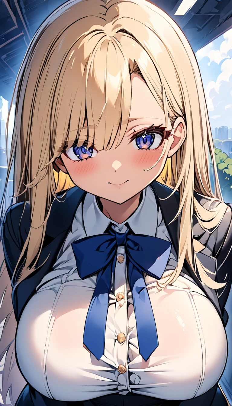  One girl 　 cute girl　 ANIME STYLE　Anime Face　 anime style　Beauty　Big Breasts　 top and bottom black pant suit 　White color shirt　Fasten the blue ribbon 　Blonde hair　 straight hair 　 long hair on her face