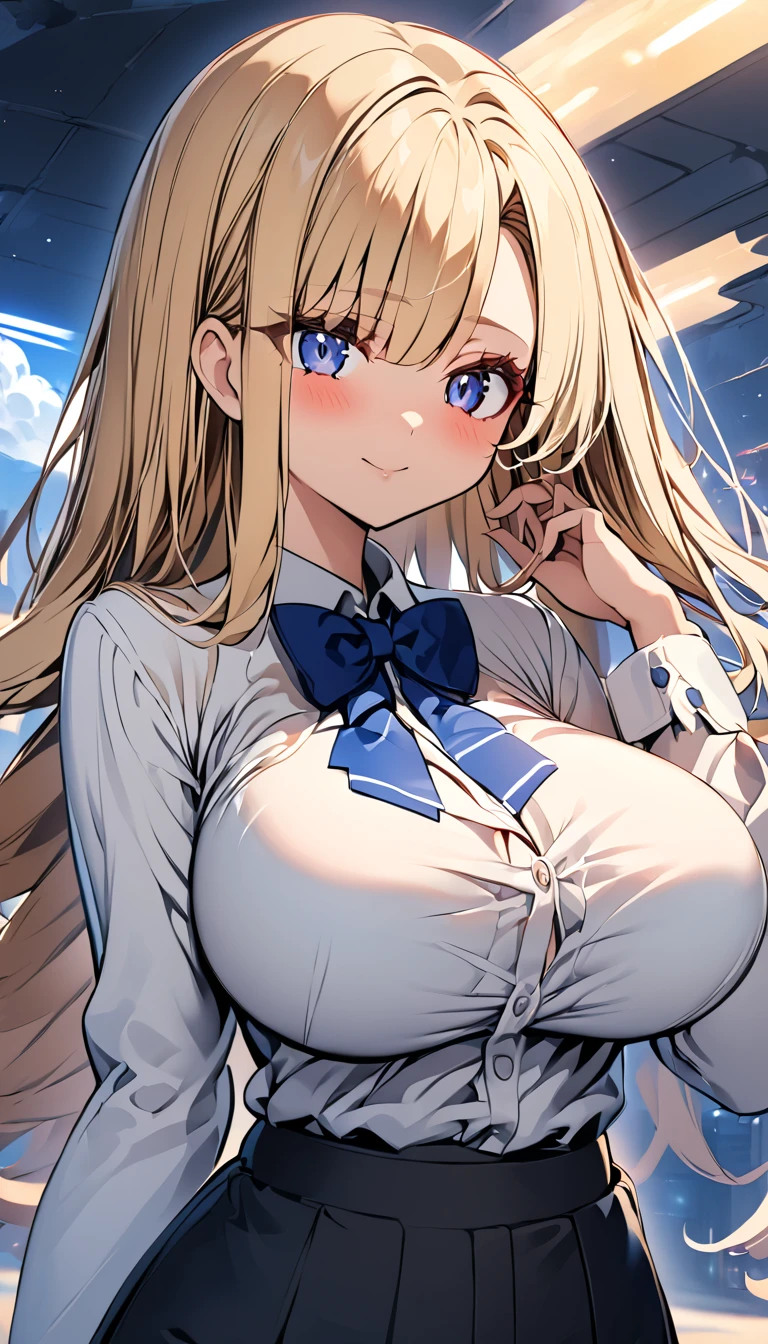  One girl 　 cute girl　 ANIME STYLE　Anime Face　 anime style　Beauty　Big Breasts　 top and bottom black pant suit 　White color shirt　Fasten the blue ribbon 　Blonde hair　 straight hair 　 long hair on her face