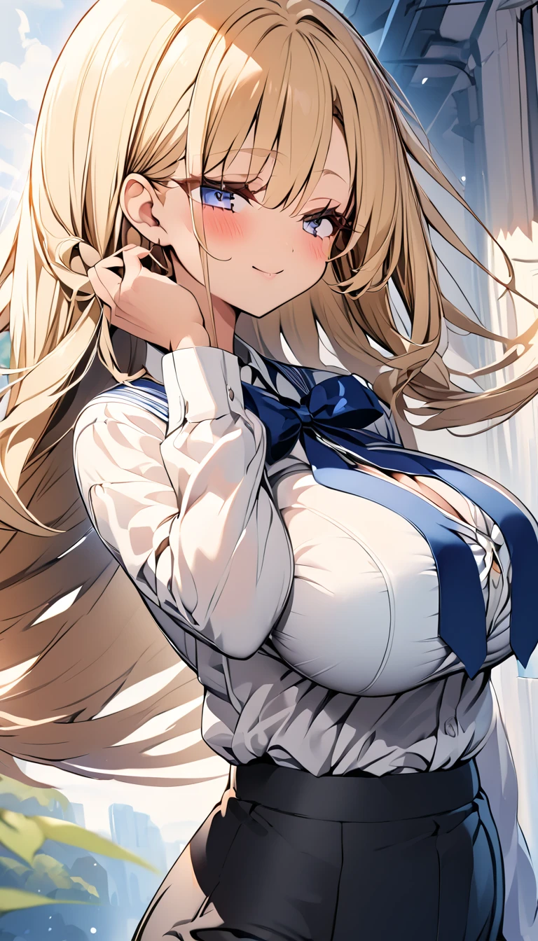  One girl 　 cute girl　 ANIME STYLE　Anime Face　 anime style　Beauty　Big Breasts　 top and bottom black pant suit 　White color shirt　Fasten the blue ribbon 　Blonde hair　 straight hair 　 long hair on her face