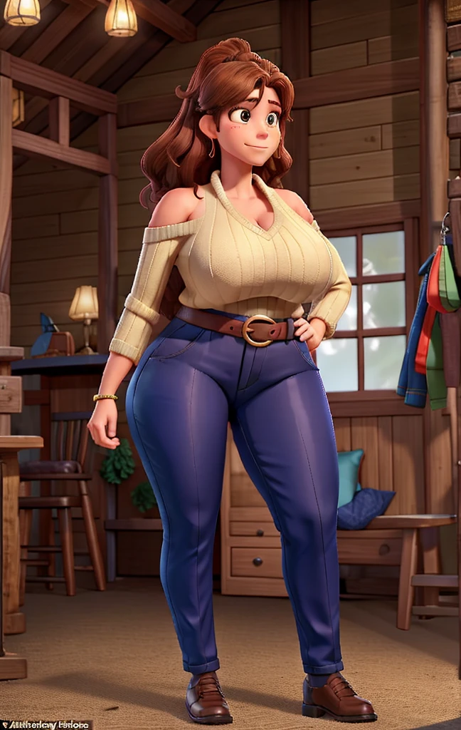 Woman, 27 years old, 1.96m tall. 125kg. Strong and curvy amazonian BBW. Very broad shoulders. Super long legs. Humungous breasts, slightly pointed bosoms. Wearing tight off the shoulder sweater, burnt ember sweater. Lengthy cleavage, deep cleavage. Mohair trousers, brown trousers. Ankles showing. Rainbow belt, big belt buckle. Oxford shoes, brown shoes. Big, ruddy cheeks. Full face, high cheekbones. Chestnut hair with red highlights. Rugged, horny. Mixed Costa Rican and Latvian. Dominant. Ready to flirt. Expressive, vibrant. Teasing, mischievous, rambunctious. Confident body language. Walking through a Christmas village. Turning heads.