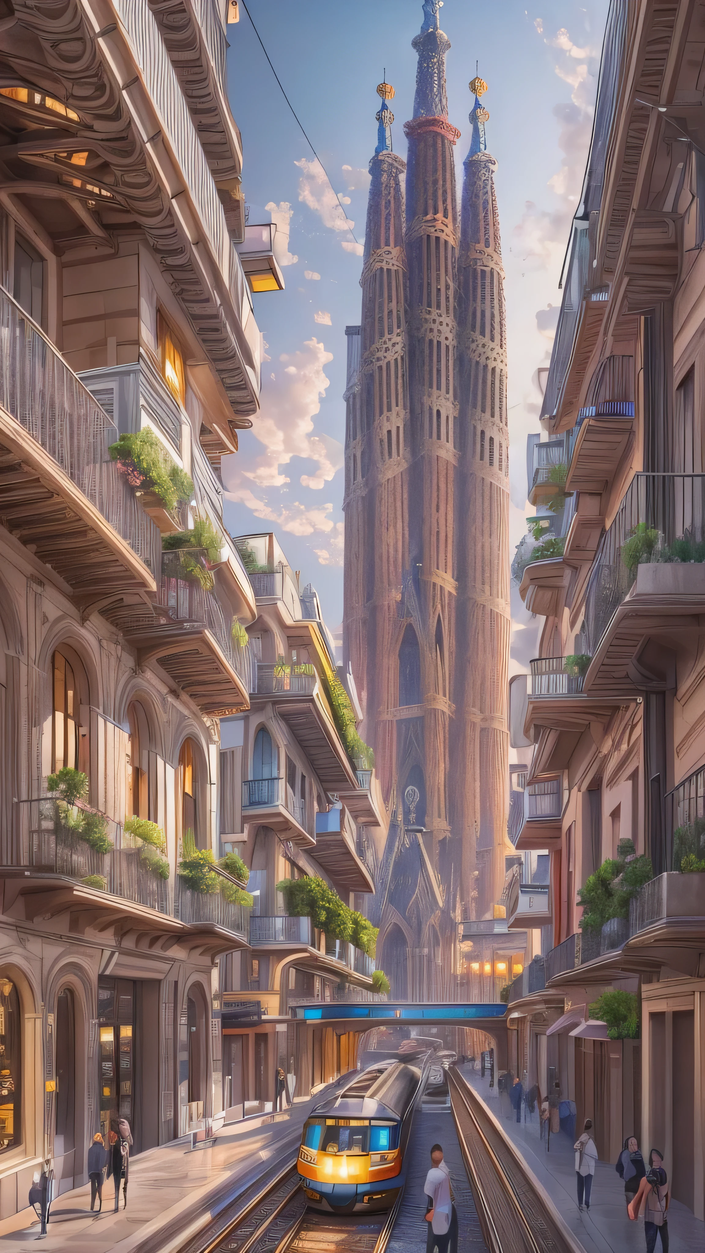 ((masterpiece)),(( top quality )),(( high detail)),(( realistic ,))  Futuristic Cities ,  Views from Barcelona's Architectural District, modern architecture, Railway Lines , Streetscape, building,   knight , European city, The sky is beautiful, neon、