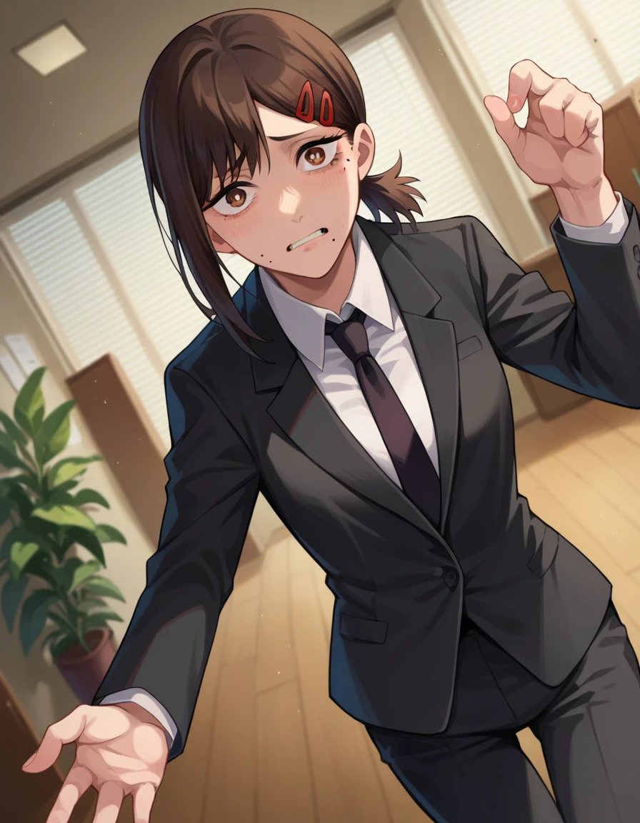 score_9, score_8_up, score_7_up, source_anime,
kobeni-higashiyama, kobeni higashiyama, black hair, hair ornament, hairclip, mole, mole under eye, ponytail, short hair, brown eyes,
black necktie, black pants, business suit, formal, long sleeves, necktie, pants, suit,
indoors, office,
looking at viewer, cowboy shot, dutch angle, dynamic pose,