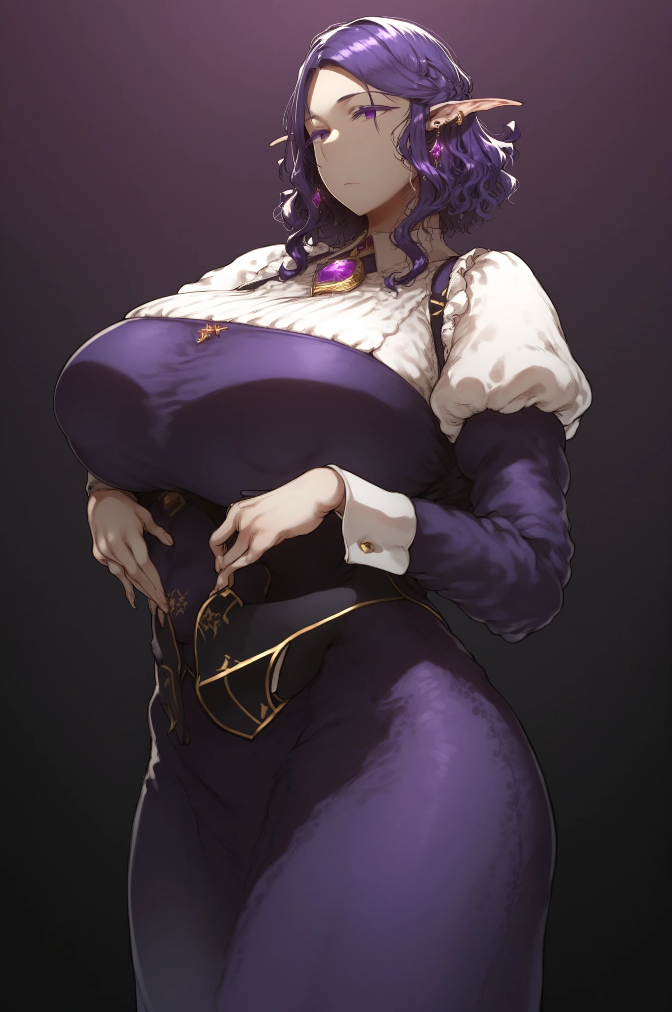 Milf, very voluptuous mature woman,  voluptuous body ,  very dark purple hair ,  Pelo Morado de Corte Bob, bob cut hair, Straight hair, Very tall woman, big woman,  suitable for all audiences , pale skin,  butler woman , anime,  anime style tanishi , woman in very elegant men's clothing, Woman in butler clothes, dark purple eyes ,  dark purple eyelashes ,  purple gem brooch on the neck,  earrings with purple gems ,  woman with pants, empty stare y sin expresiones, emotionless gaze y sin expresiones, empty stare, emotionless gaze, Expressionless look, No expressions on my face, Expressionless look, Straight hair, by thin,  pointy ears , Elf ears, Very beautiful female elf