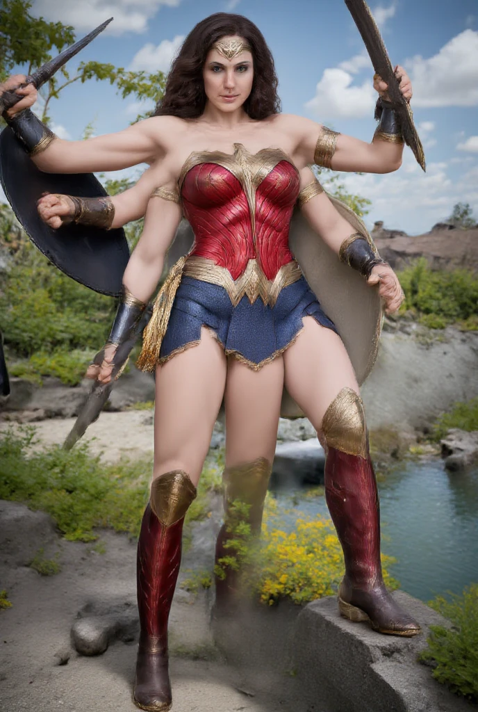 Wonder woman, gal gadot, amazon,diana prince, four armed woman,woman with four arms,four armed wonder woman,wonder woman with four arms,two pairs of arms,upper pair of arms,lower pair of arms,upper right hand holding sword,lower right hand holding shield, lower right arm holding lasso of truth,lower left hand on her hip, three legged woman,woman with three legs, wonder woman with three legs,left leg,middle leg,right leg,tripod,big breasts,open cleavage,showing cleavage,amazon suit,wonder woman suit, looking at camera, seductive look