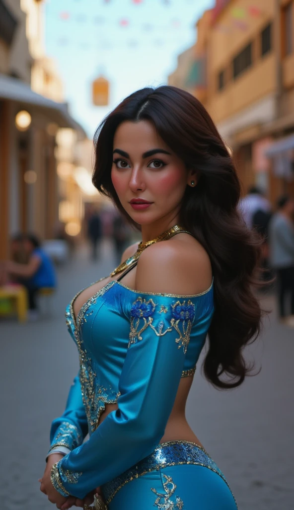 portrait of Hania Amir as Princess Jasmine, dark black hair, in a blue princess Jasmine dress, busy arab city street,4K quality, focused portrait, tight costume, sexy curves, , hard nipple pokies